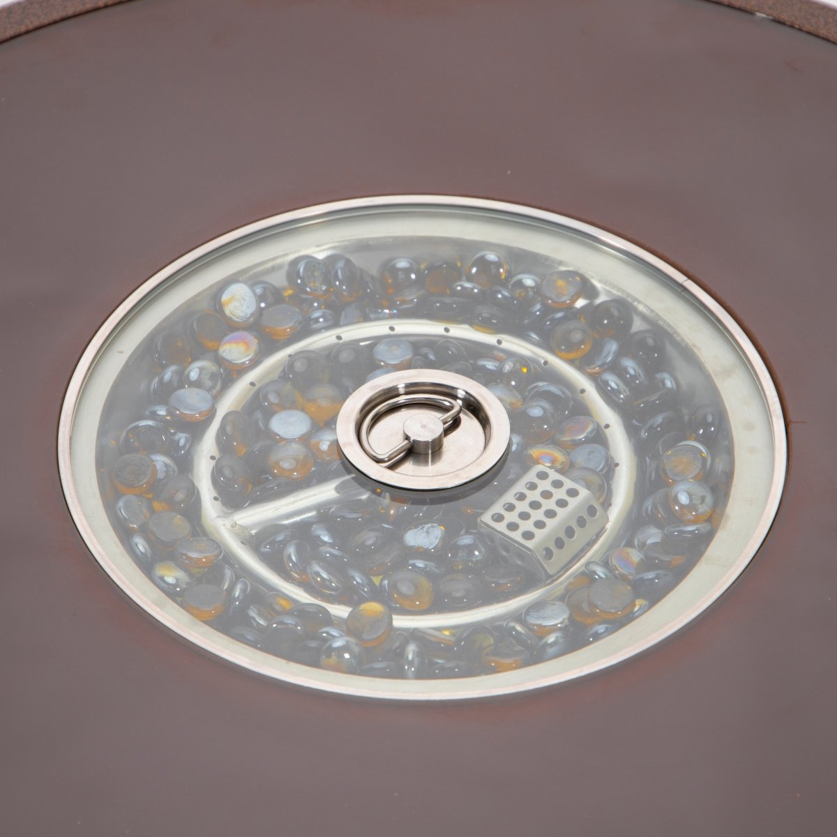 Walbrooke Modern Outdoor Round Fire Pit Table with Powder-Coated Aliuminum Frame and Slats/Non Slats Design Slats Brown Fire Pits Leisuremod