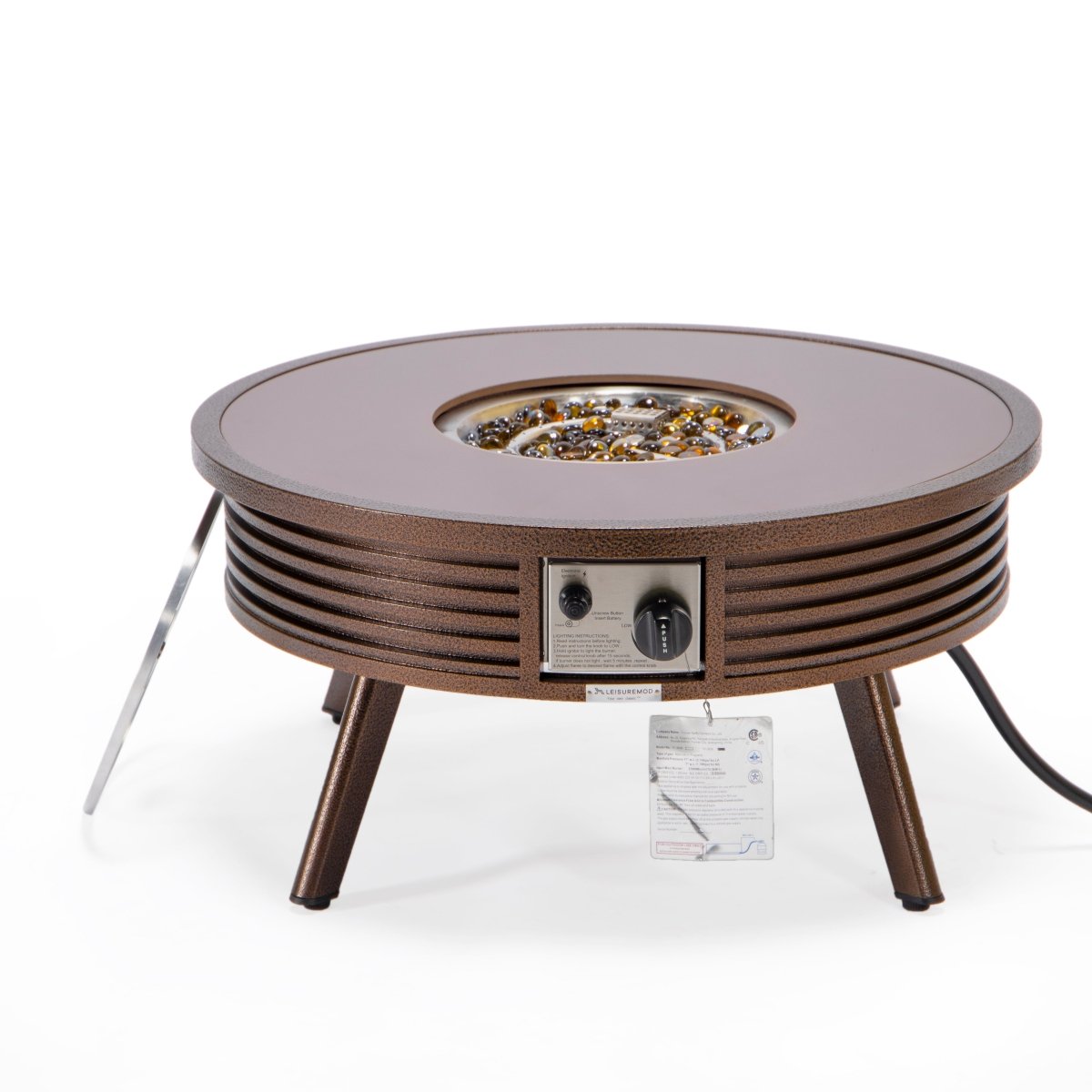 Walbrooke Modern Outdoor Round Fire Pit Table with Powder-Coated Aliuminum Frame and Slats/Non Slats Design Slats Brown Fire Pits Leisuremod