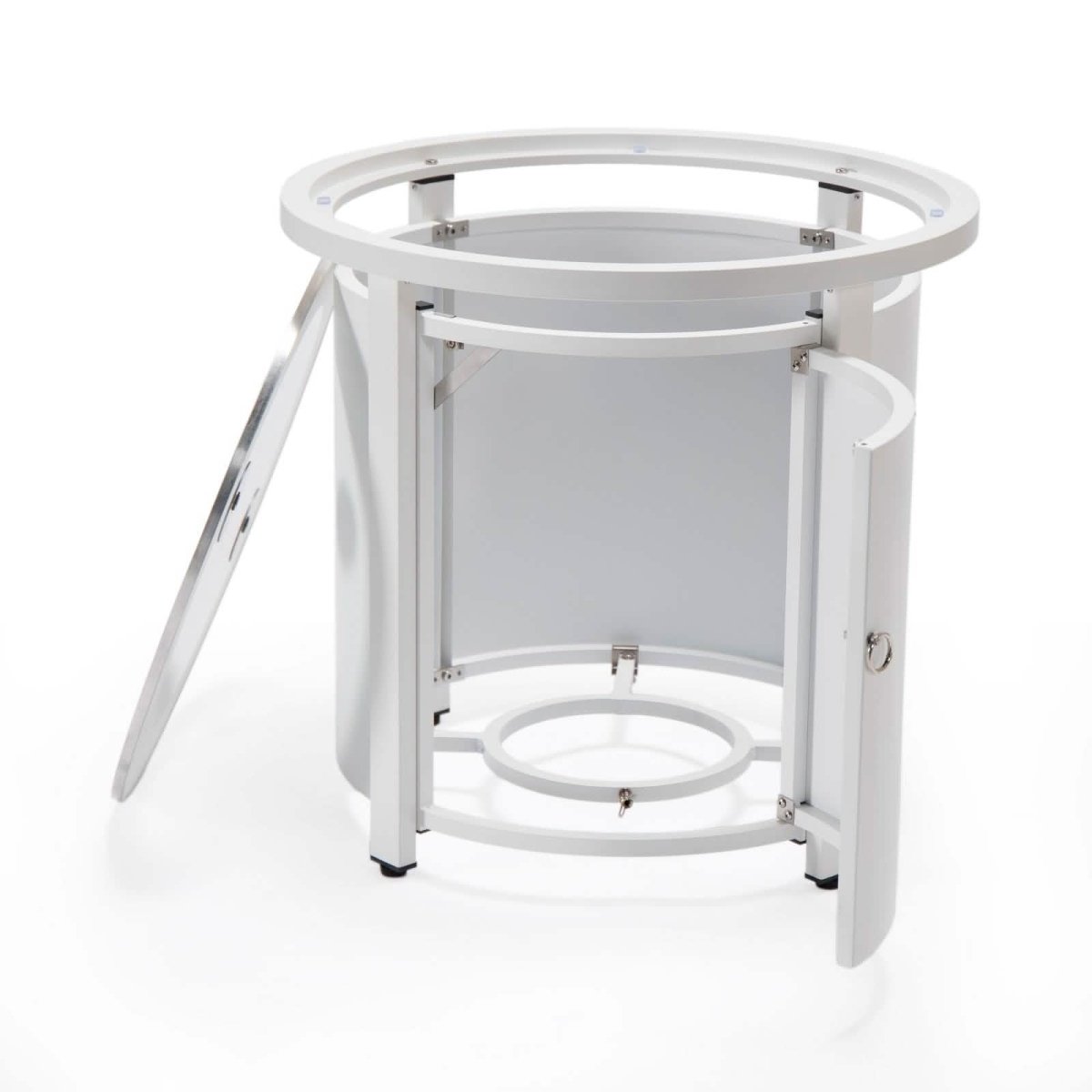 Walbrooke Modern Round Tank Holder Table with Tempered Glass Top and Powder Coated Aluminum Slats/Non Slats Design Non Slats White Fire Pits Leisuremod