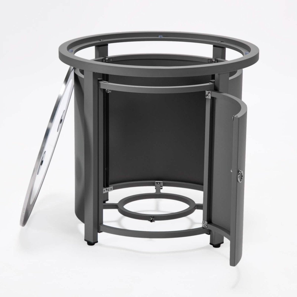 Walbrooke Modern Round Tank Holder Table with Tempered Glass Top and Powder Coated Aluminum Slats/Non Slats Design Non Slats White Fire Pits Leisuremod
