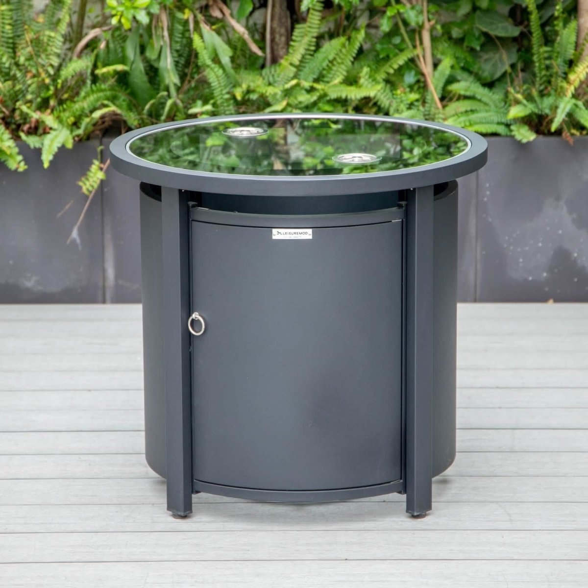 Walbrooke Modern Round Tank Holder Table with Tempered Glass Top and Powder Coated Aluminum Slats/Non Slats Design Non Slats White Fire Pits Leisuremod