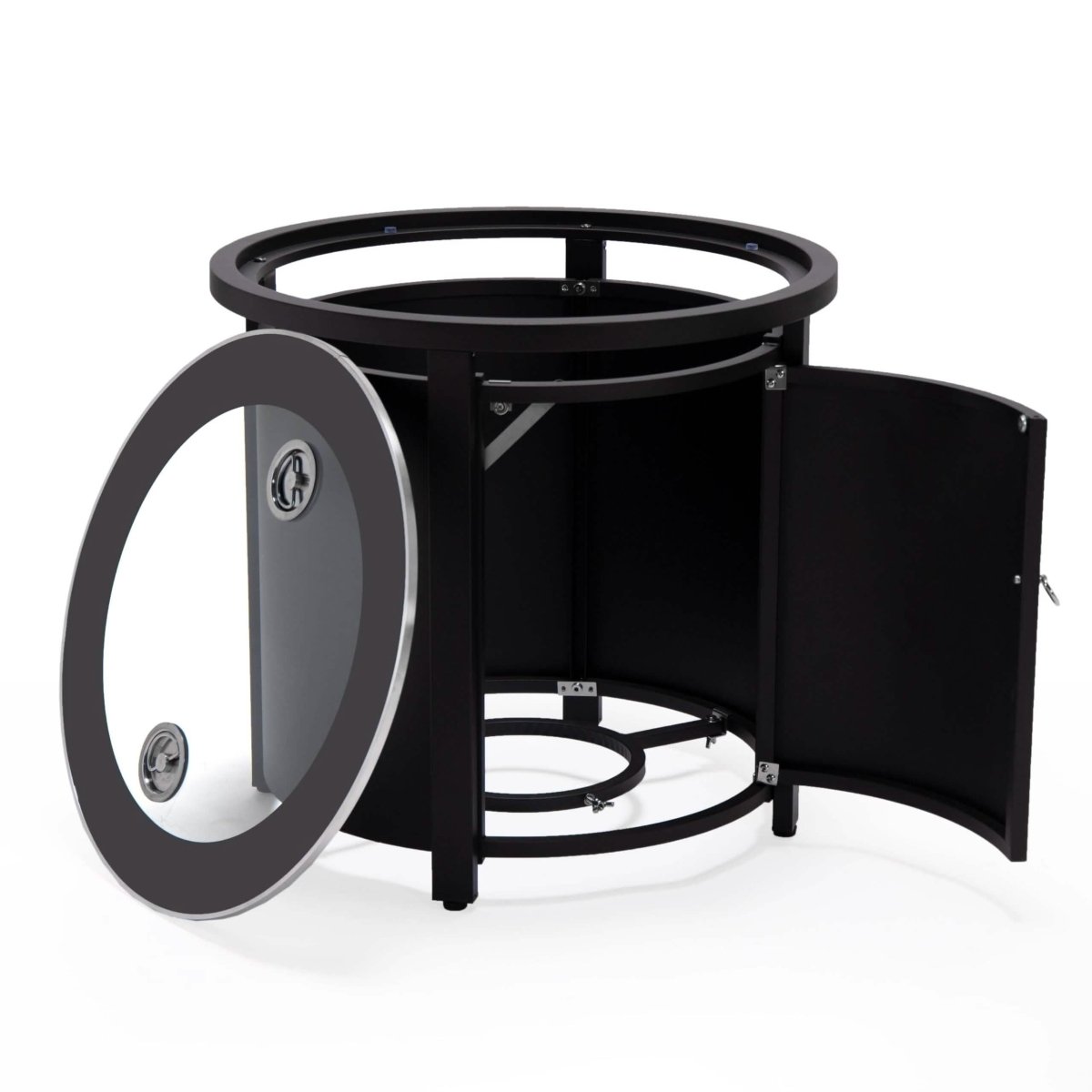 Walbrooke Modern Round Tank Holder Table with Tempered Glass Top and Powder Coated Aluminum Slats/Non Slats Design Non Slats Black Fire Pits Leisuremod