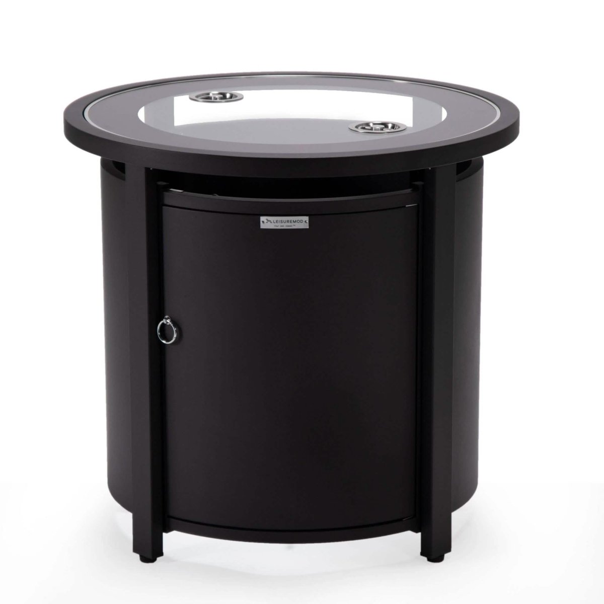 Walbrooke Modern Round Tank Holder Table with Tempered Glass Top and Powder Coated Aluminum Slats/Non Slats Design Non Slats Black Fire Pits Leisuremod