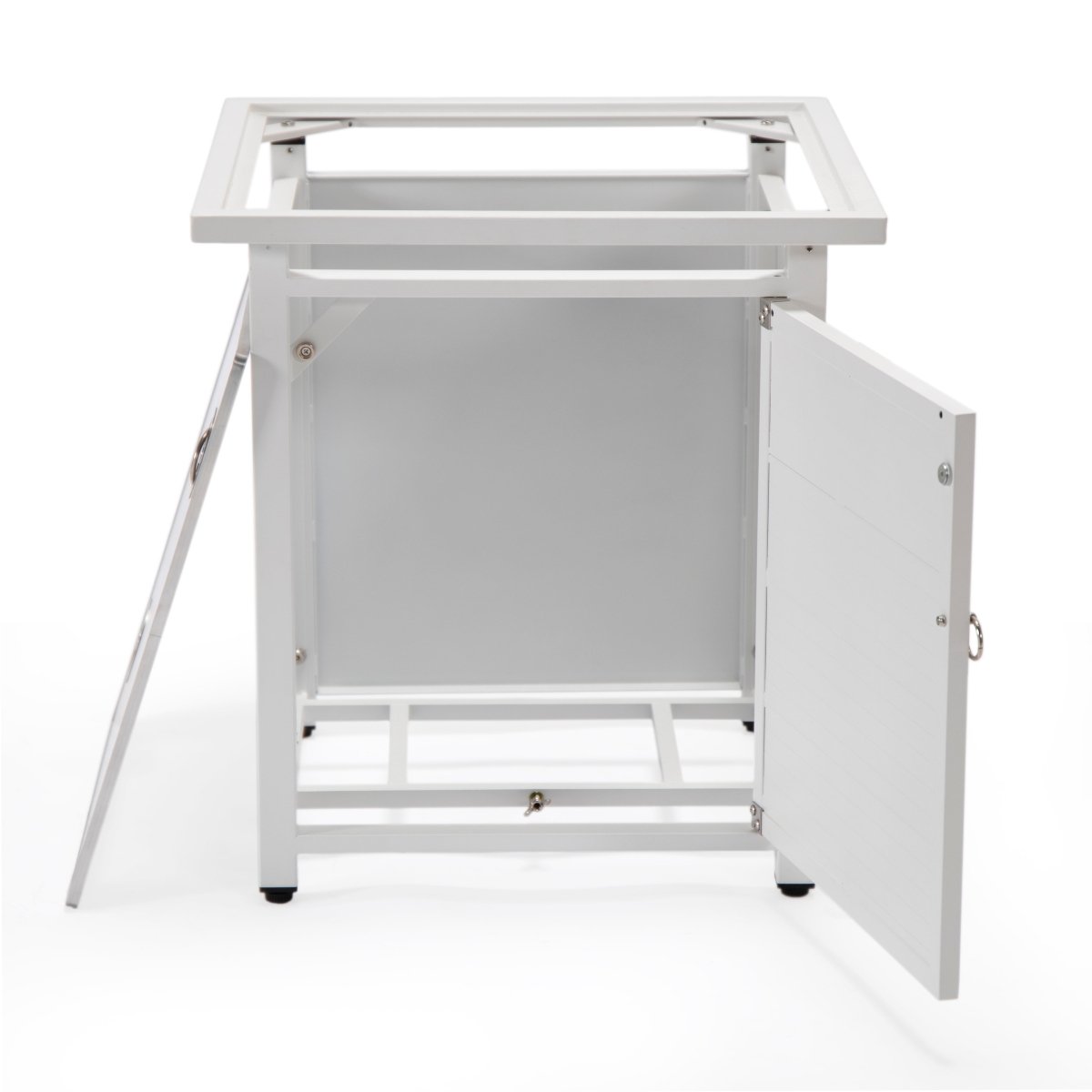 Walbrooke Modern Square Tank Holder Table with Tempered Glass Top and Powder Coated Aluminum Slats/Non Slats Design Slats White Fire Pits Leisuremod