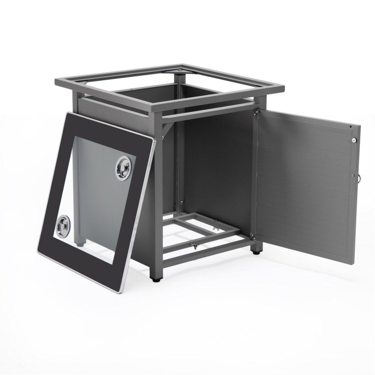 Walbrooke Modern Square Tank Holder Table with Tempered Glass Top and Powder Coated Aluminum Slats/Non Slats Design Slats Grey Fire Pits Leisuremod