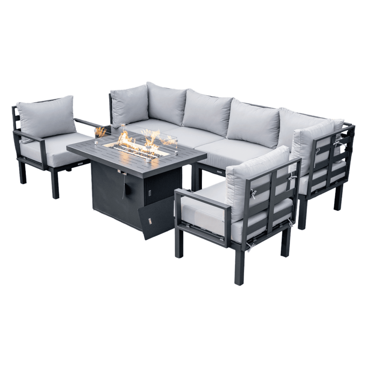 Leisuremod Light Grey Chelsea 7-Piece Patio Sectional Set in Black Aluminum with Fire Pit Table