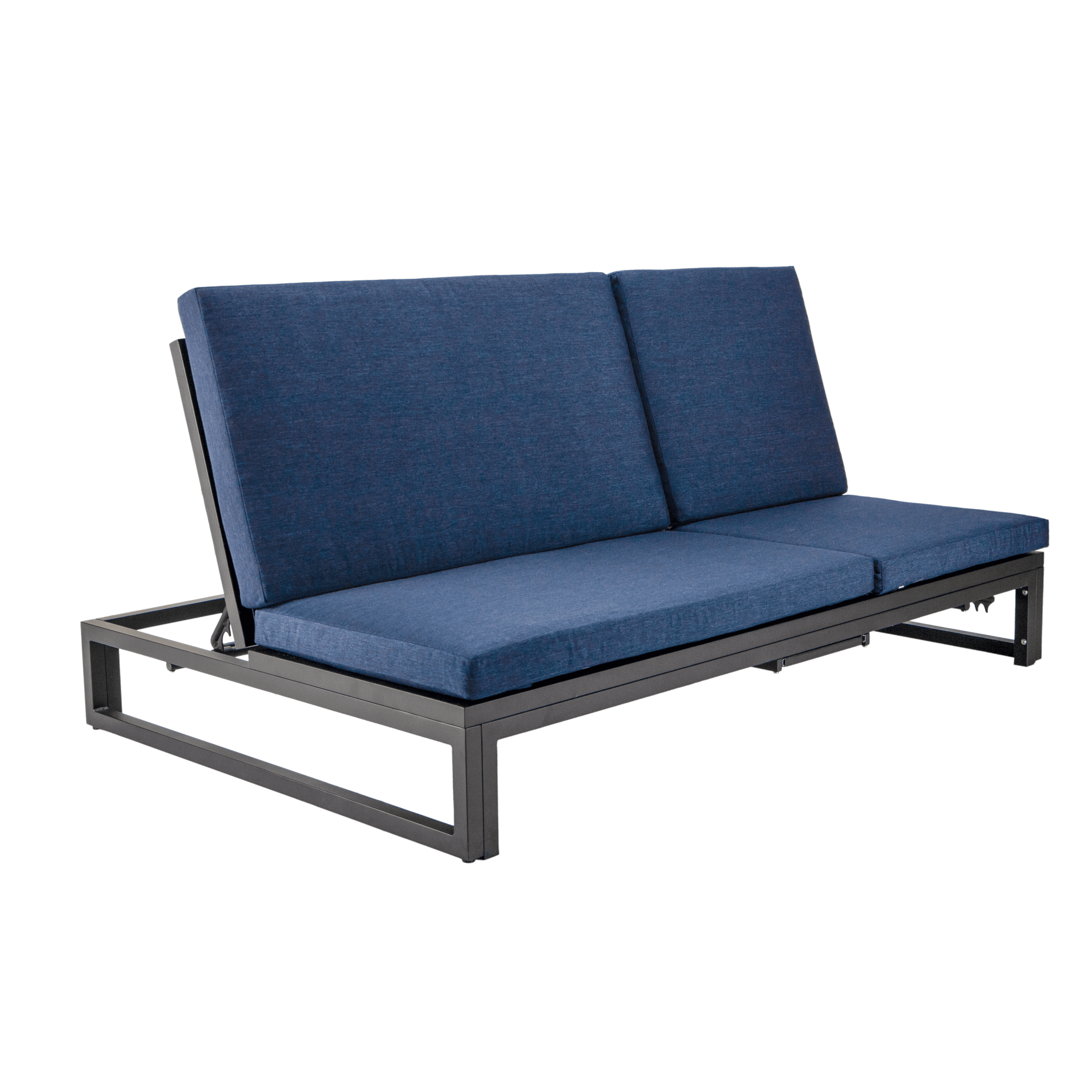 Chelsea Aluminum Outdoor 2 in 1 Convertible Sofa and Double Chaise Lounge Chair with Removable Cushions Black Blue Lounge Chair Leisuremod