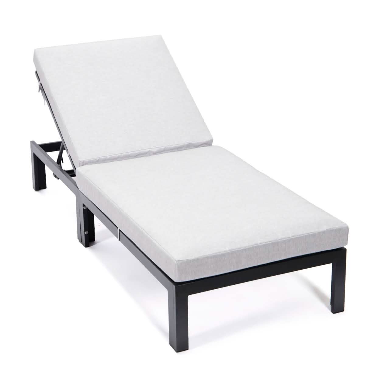 Chelsea Aluminum Outdoor Chaise Lounge Chair with Removable Cushions Black Light Grey Lounge Chair Leisuremod