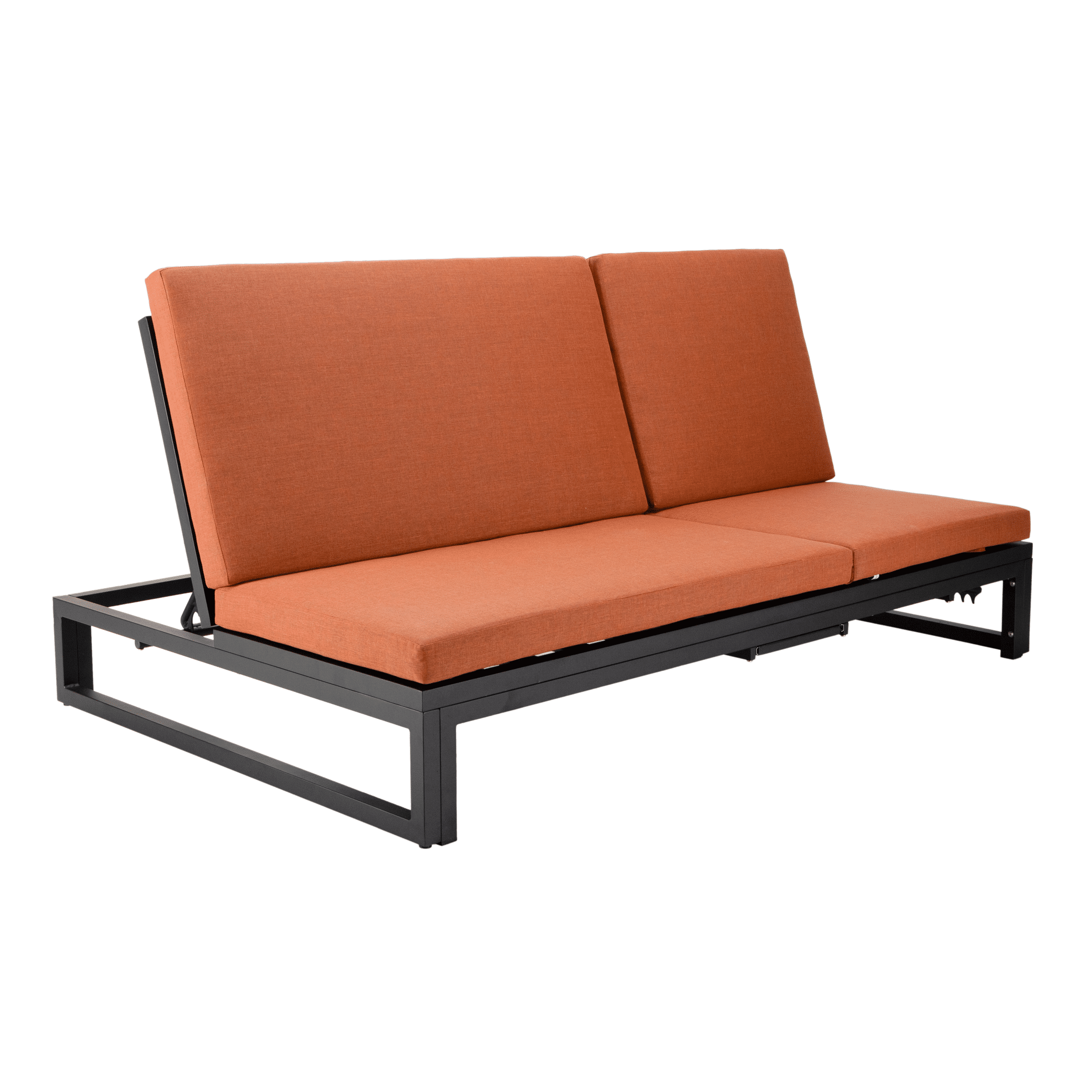 Chelsea Aluminum Outdoor 2 in 1 Convertible Sofa and Double Chaise Lounge Chair with Removable Cushions Black Orange Lounge Chair Leisuremod