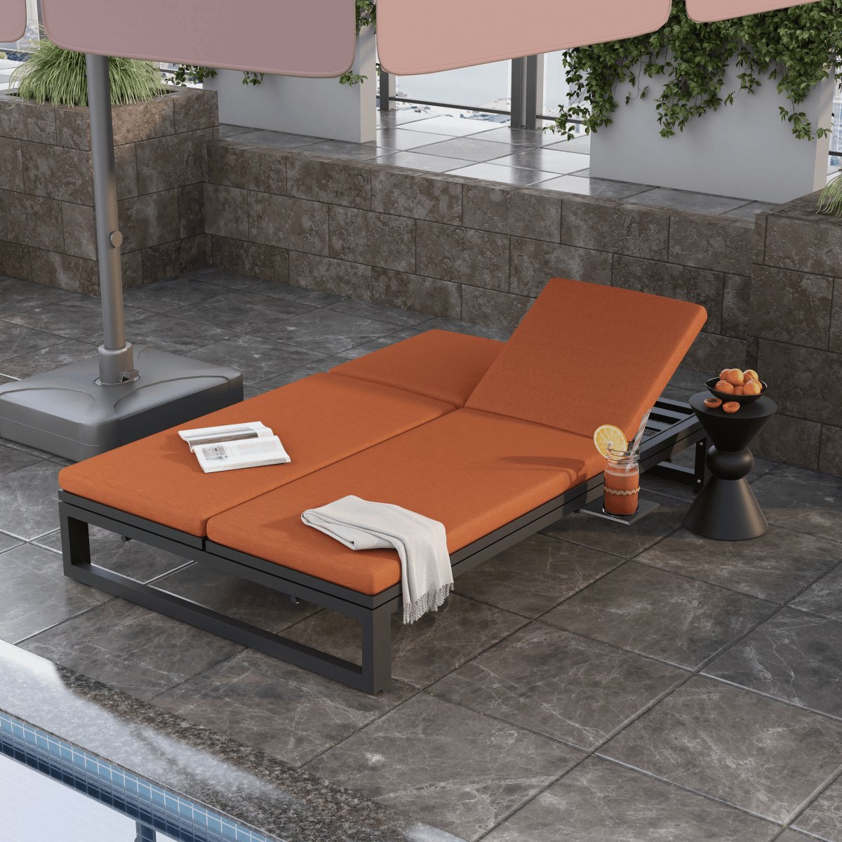 Chelsea Aluminum Outdoor 2 in 1 Convertible Sofa and Double Chaise Lounge Chair with Removable Cushions Black Orange Lounge Chair Leisuremod