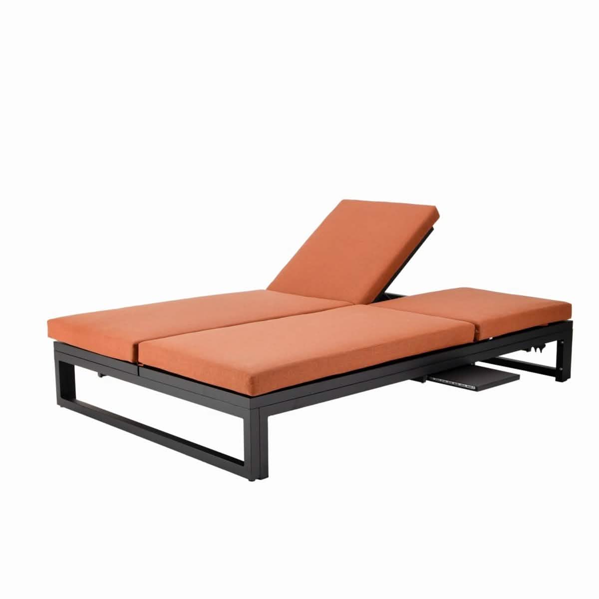 Chelsea Aluminum Outdoor 2 in 1 Convertible Sofa and Double Chaise Lounge Chair with Removable Cushions Black Orange Lounge Chair Leisuremod