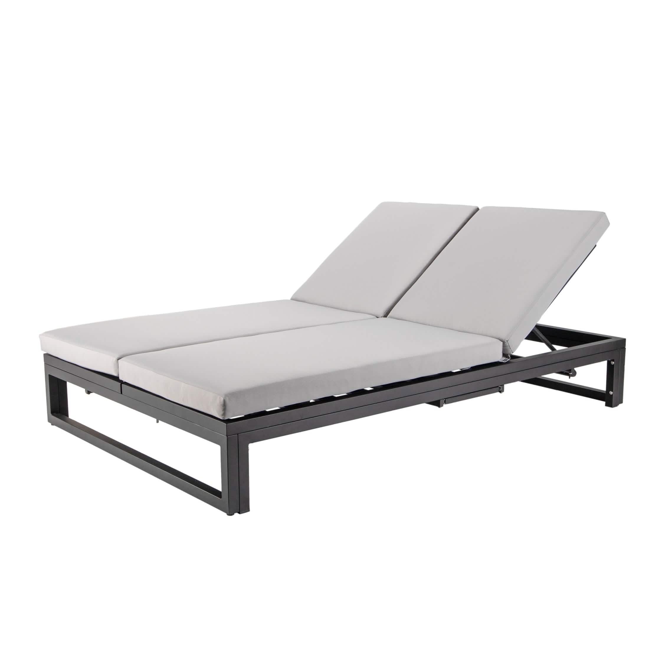 Chelsea Aluminum Outdoor 2 in 1 Convertible Sofa and Double Chaise Lounge Chair with Removable Cushions Black Light Grey Lounge Chair Leisuremod