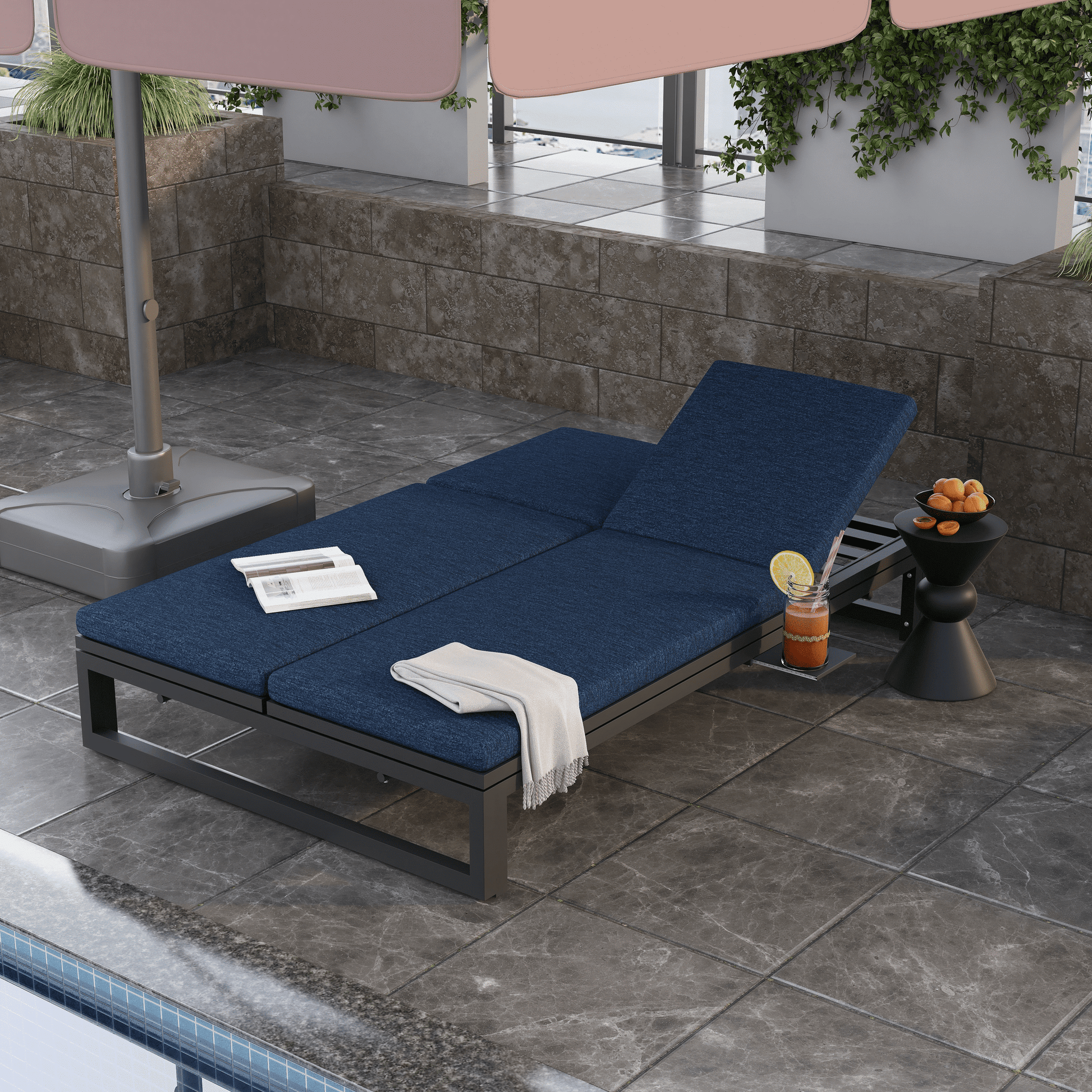 Chelsea Aluminum Outdoor 2 in 1 Convertible Sofa and Double Chaise Lounge Chair with Removable Cushions Black Blue Lounge Chair Leisuremod