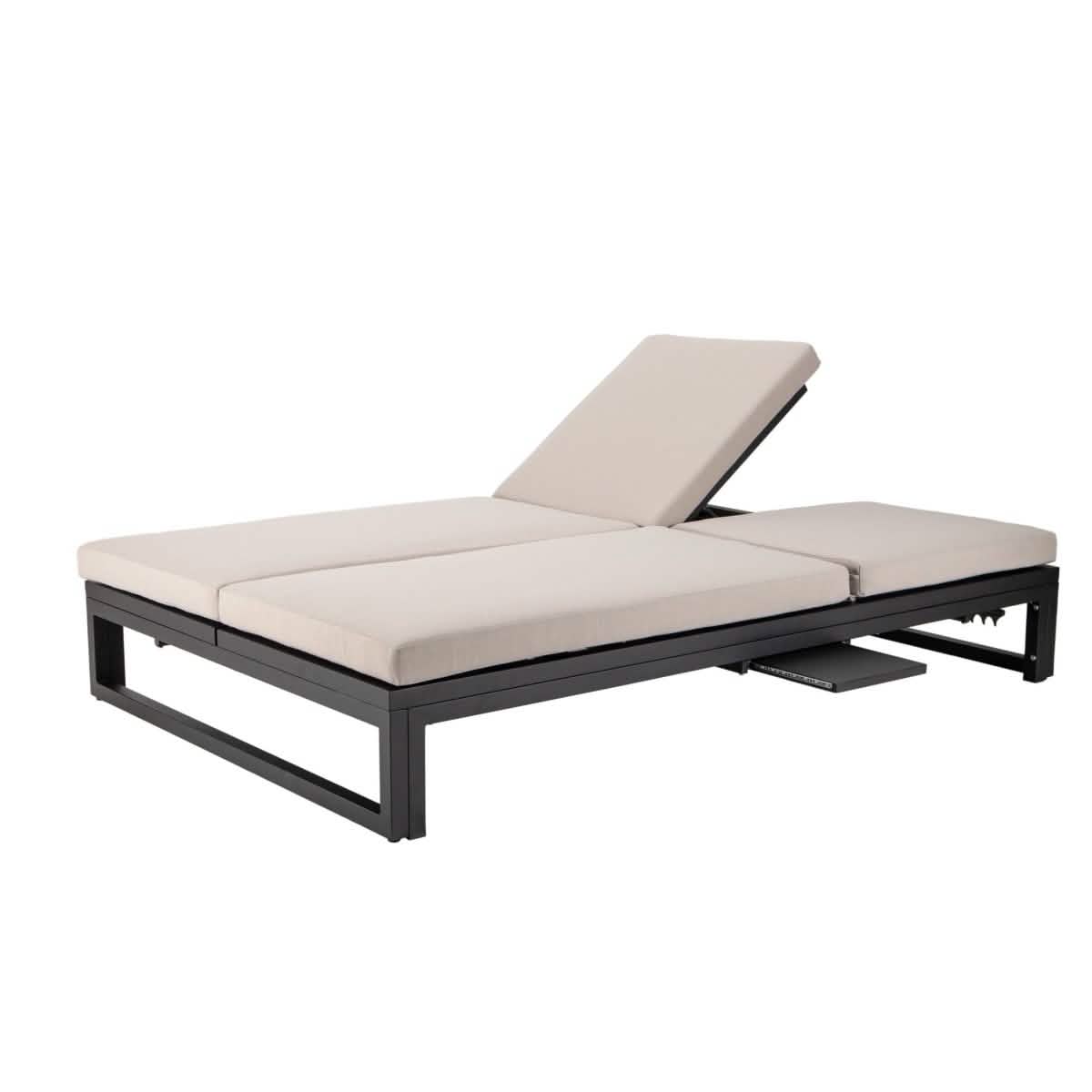Chelsea Aluminum Outdoor 2 in 1 Convertible Sofa and Double Chaise Lounge Chair with Removable Cushions Black Beige Lounge Chair Leisuremod