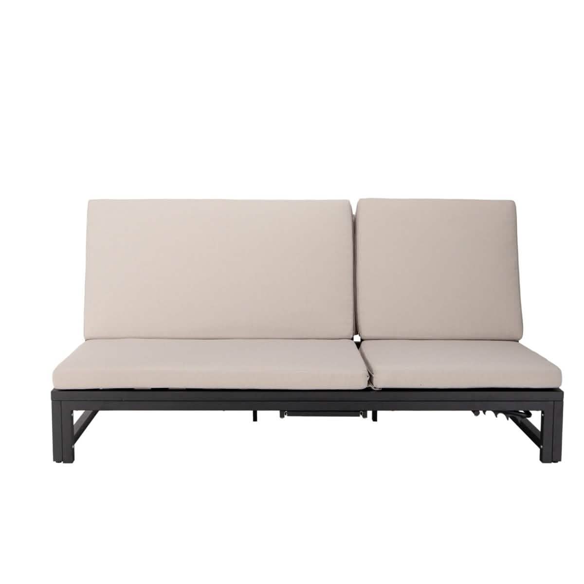 Chelsea Aluminum Outdoor 2 in 1 Convertible Sofa and Double Chaise Lounge Chair with Removable Cushions Black Beige Lounge Chair Leisuremod