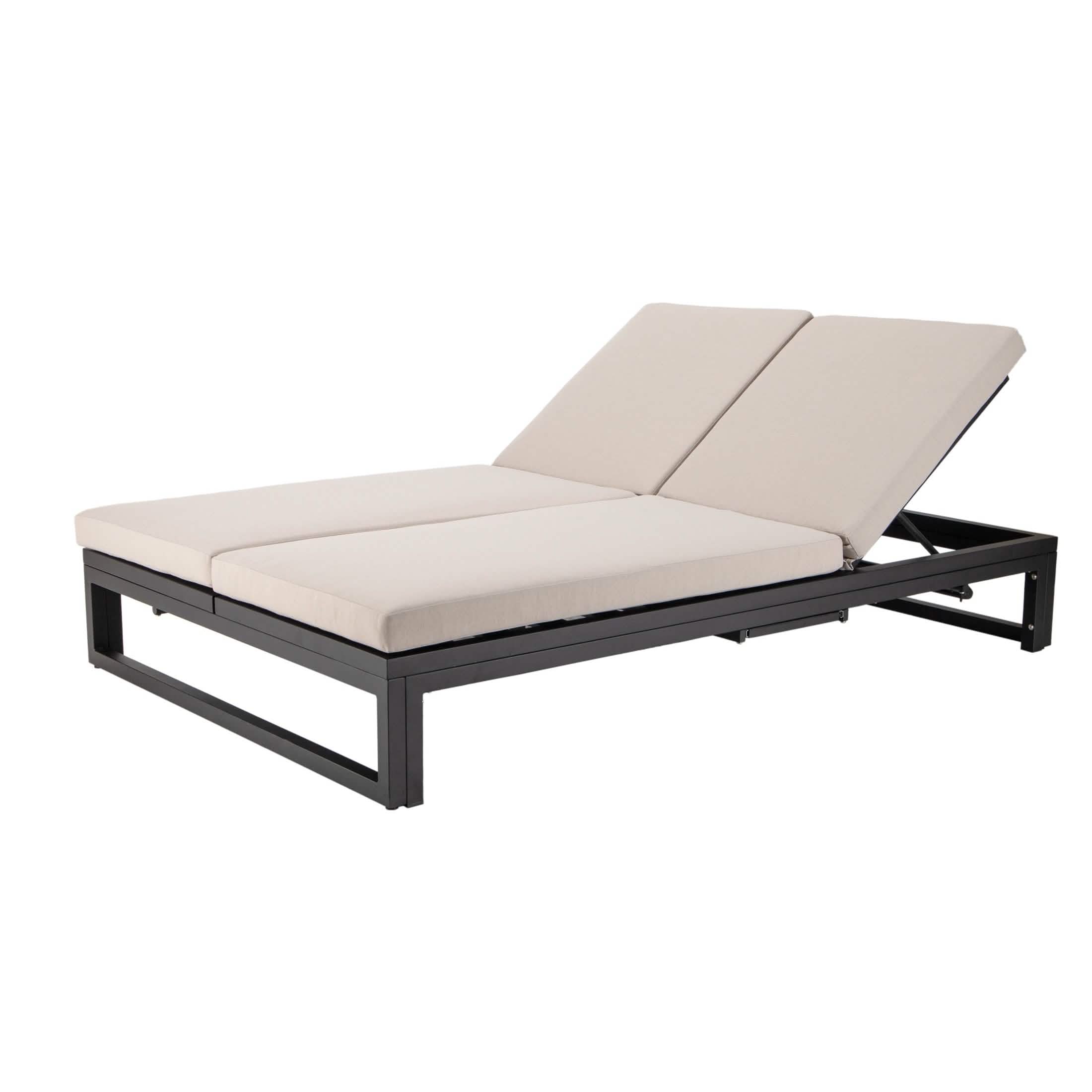 Chelsea Aluminum Outdoor 2 in 1 Convertible Sofa and Double Chaise Lounge Chair with Removable Cushions Black Beige Lounge Chair Leisuremod