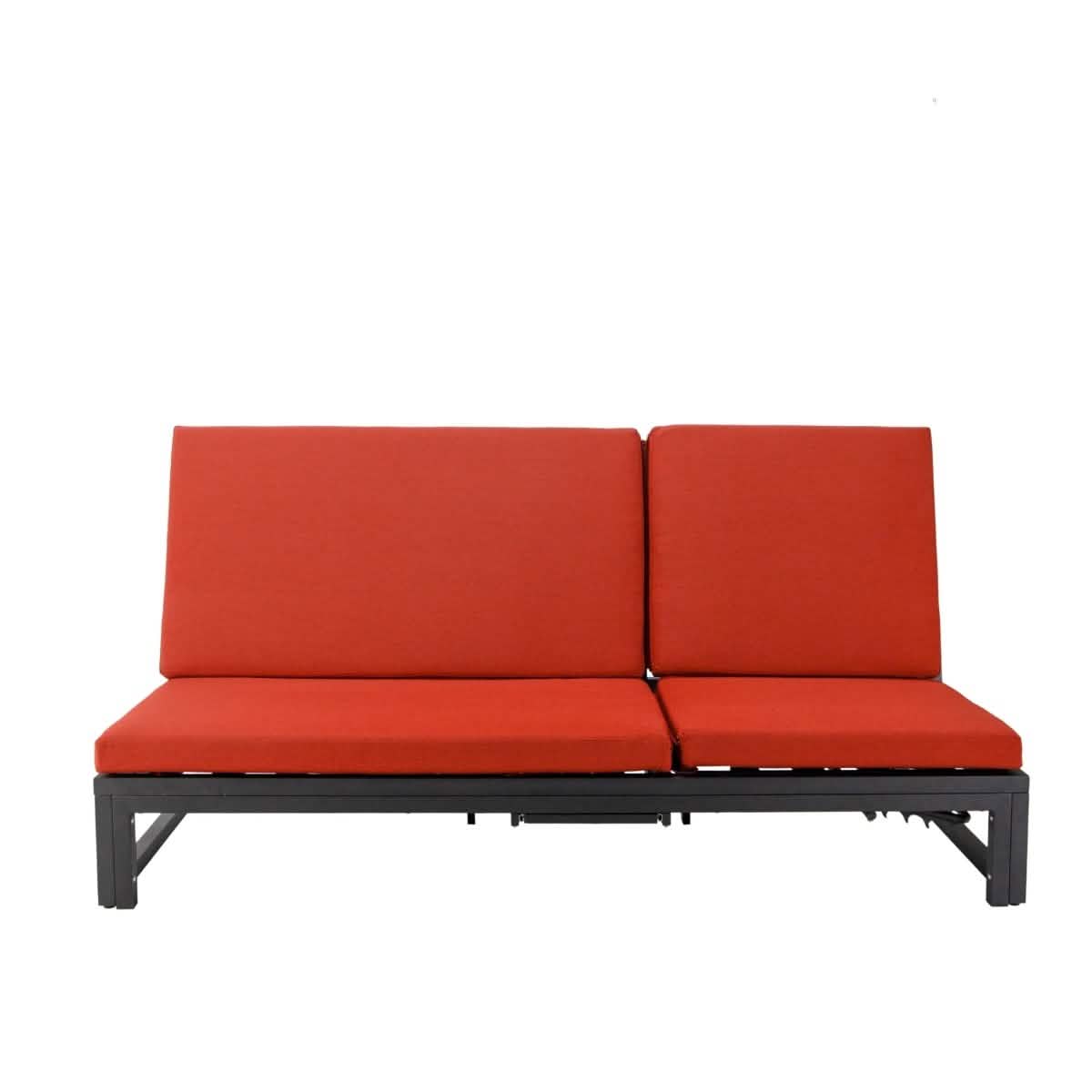 Chelsea Aluminum Outdoor 2 in 1 Convertible Sofa and Double Chaise Lounge Chair with Removable Cushions Black Orange Lounge Chair Leisuremod