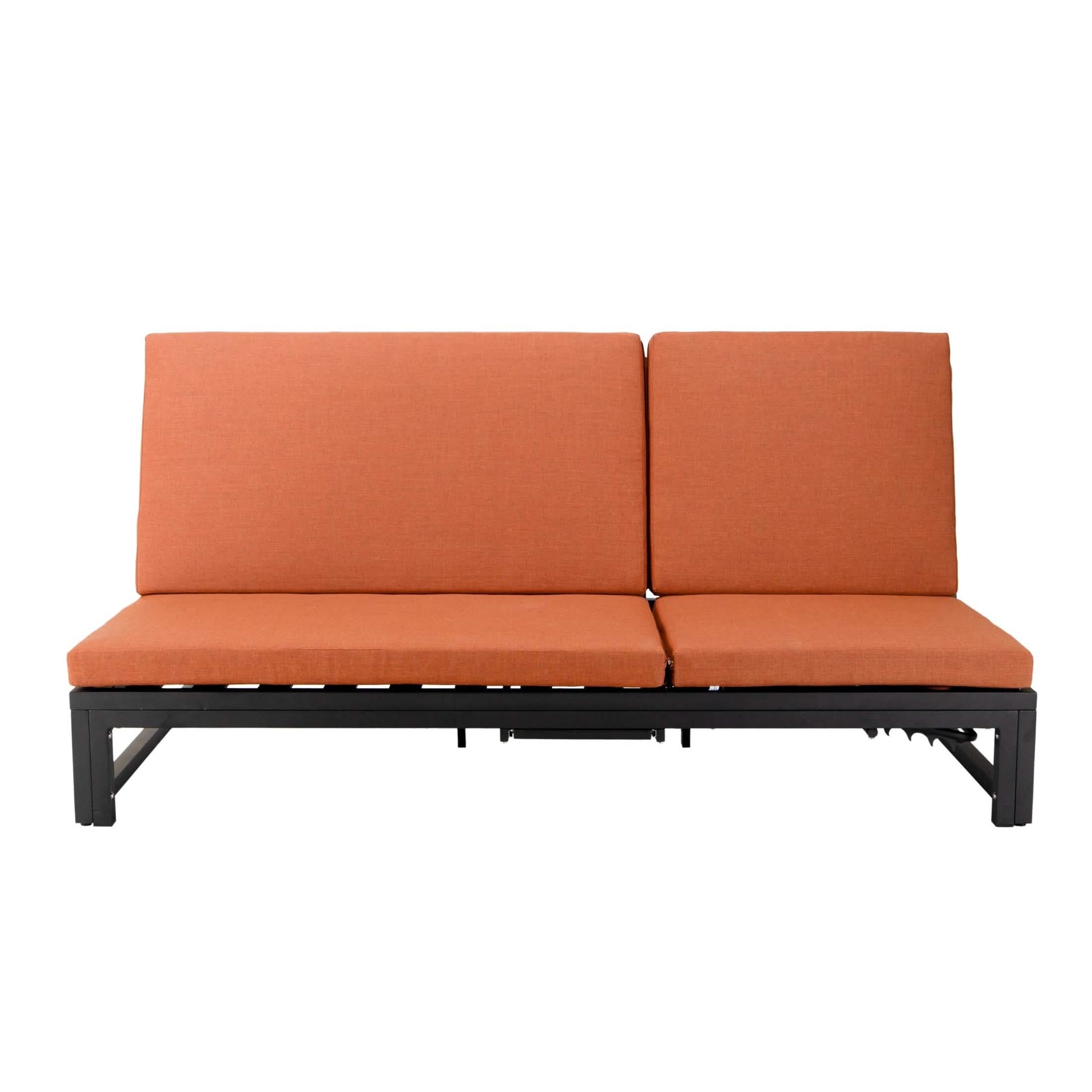 Chelsea Aluminum Outdoor 2 in 1 Convertible Sofa and Double Chaise Lounge Chair with Removable Cushions Black Orange Lounge Chair Leisuremod
