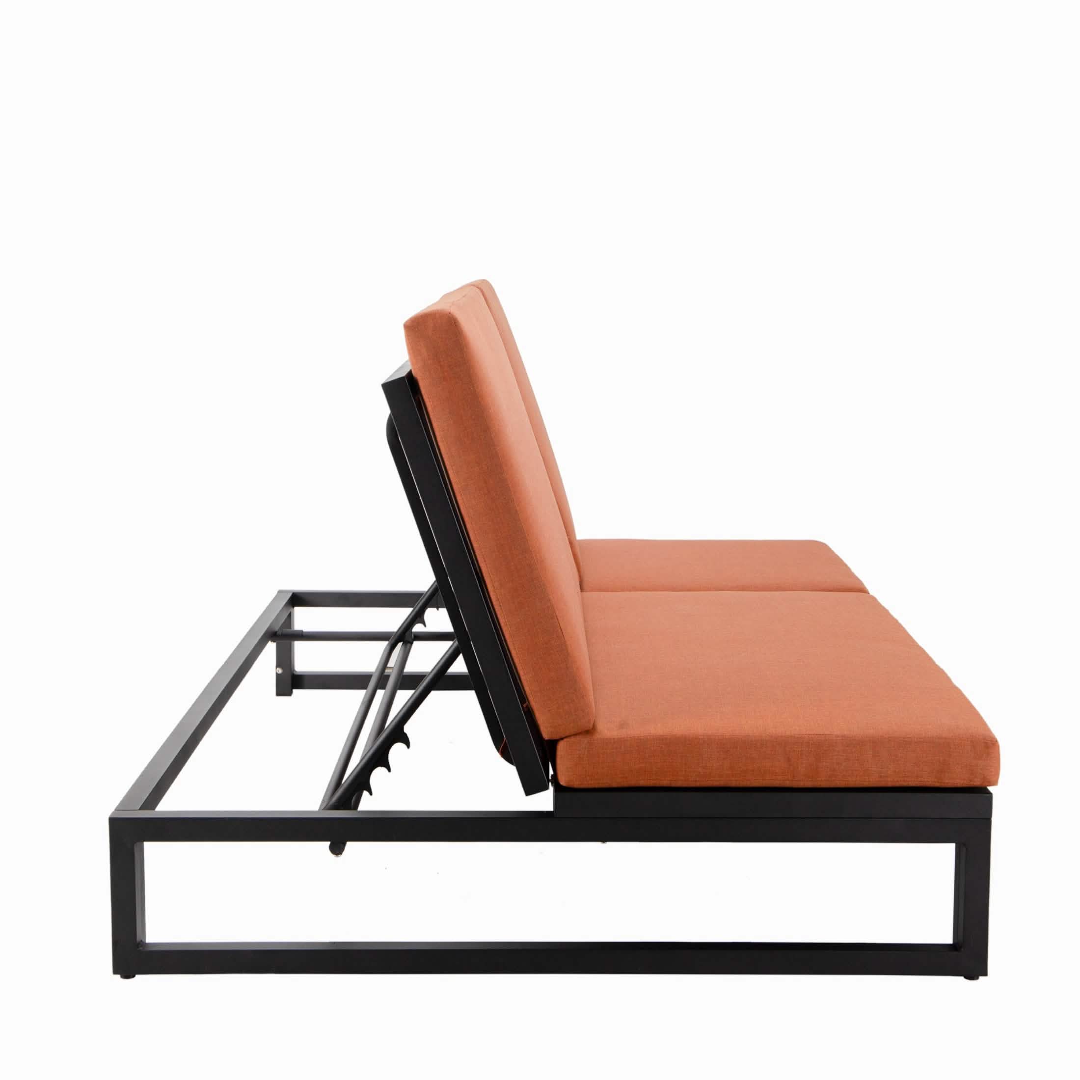 Chelsea Aluminum Outdoor 2 in 1 Convertible Sofa and Double Chaise Lounge Chair with Removable Cushions Black Light Grey Lounge Chair Leisuremod