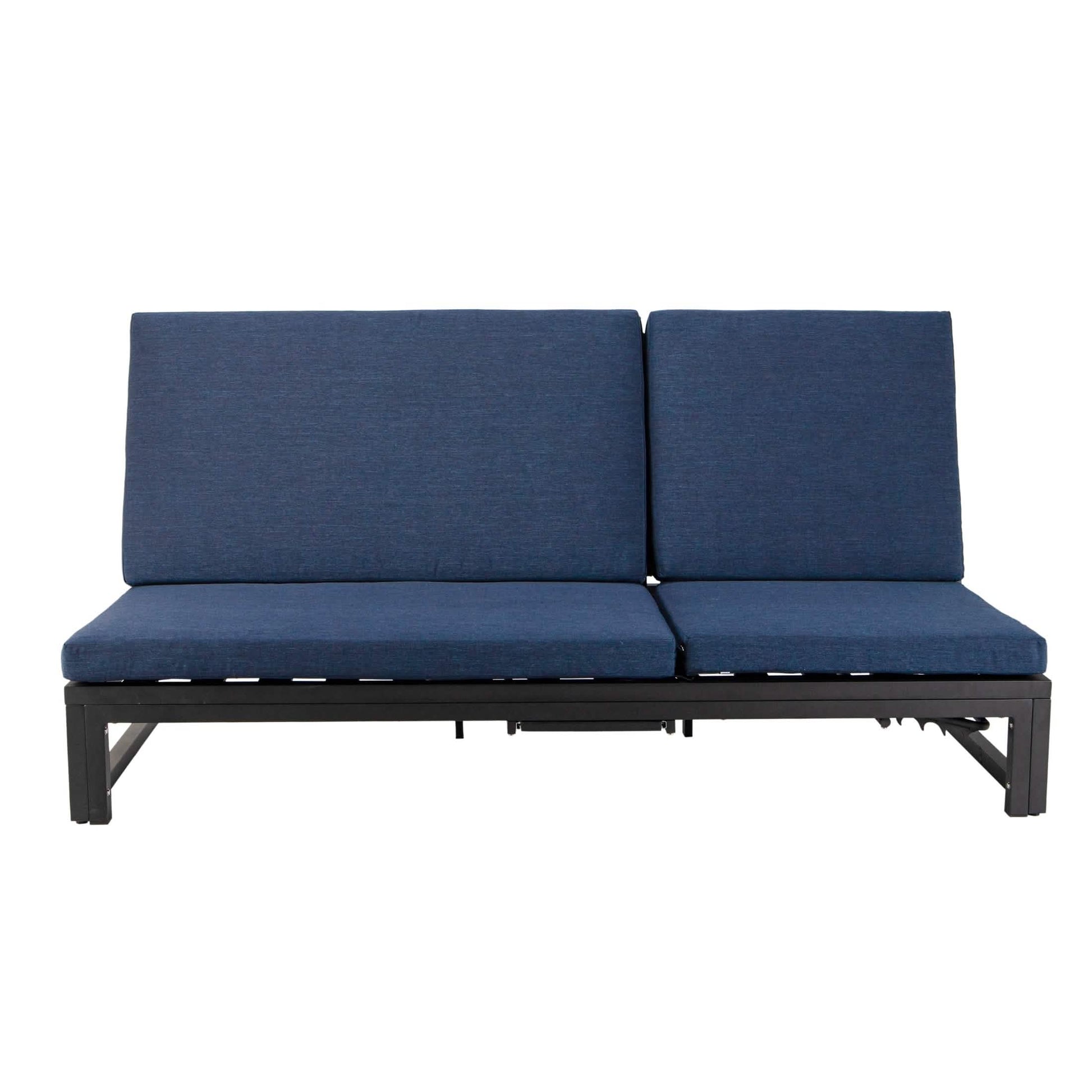 Chelsea Aluminum Outdoor 2 in 1 Convertible Sofa and Double Chaise Lounge Chair with Removable Cushions Black Blue Lounge Chair Leisuremod