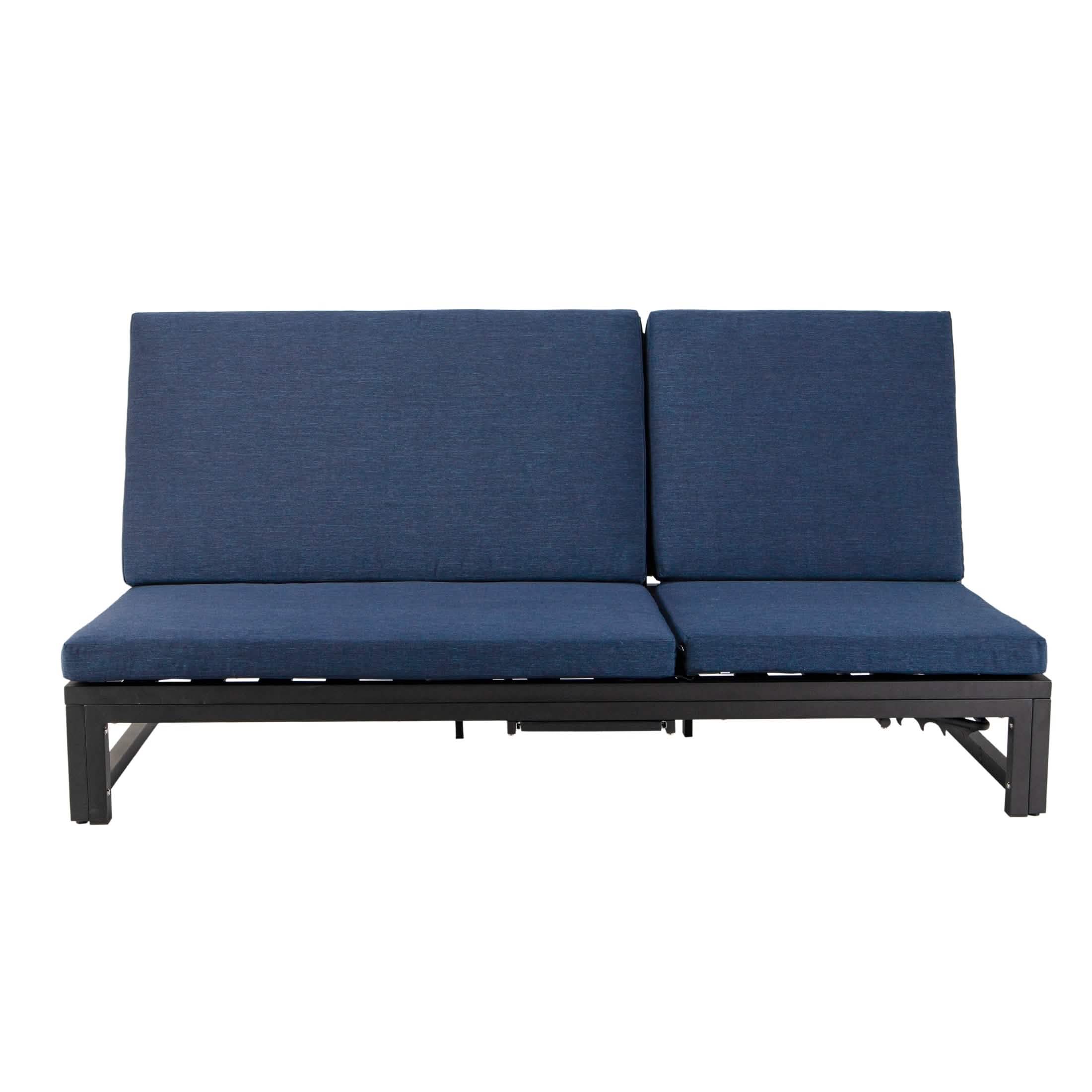 Chelsea Aluminum Outdoor 2 in 1 Convertible Sofa and Double Chaise Lounge Chair with Removable Cushions Black Blue Lounge Chair Leisuremod