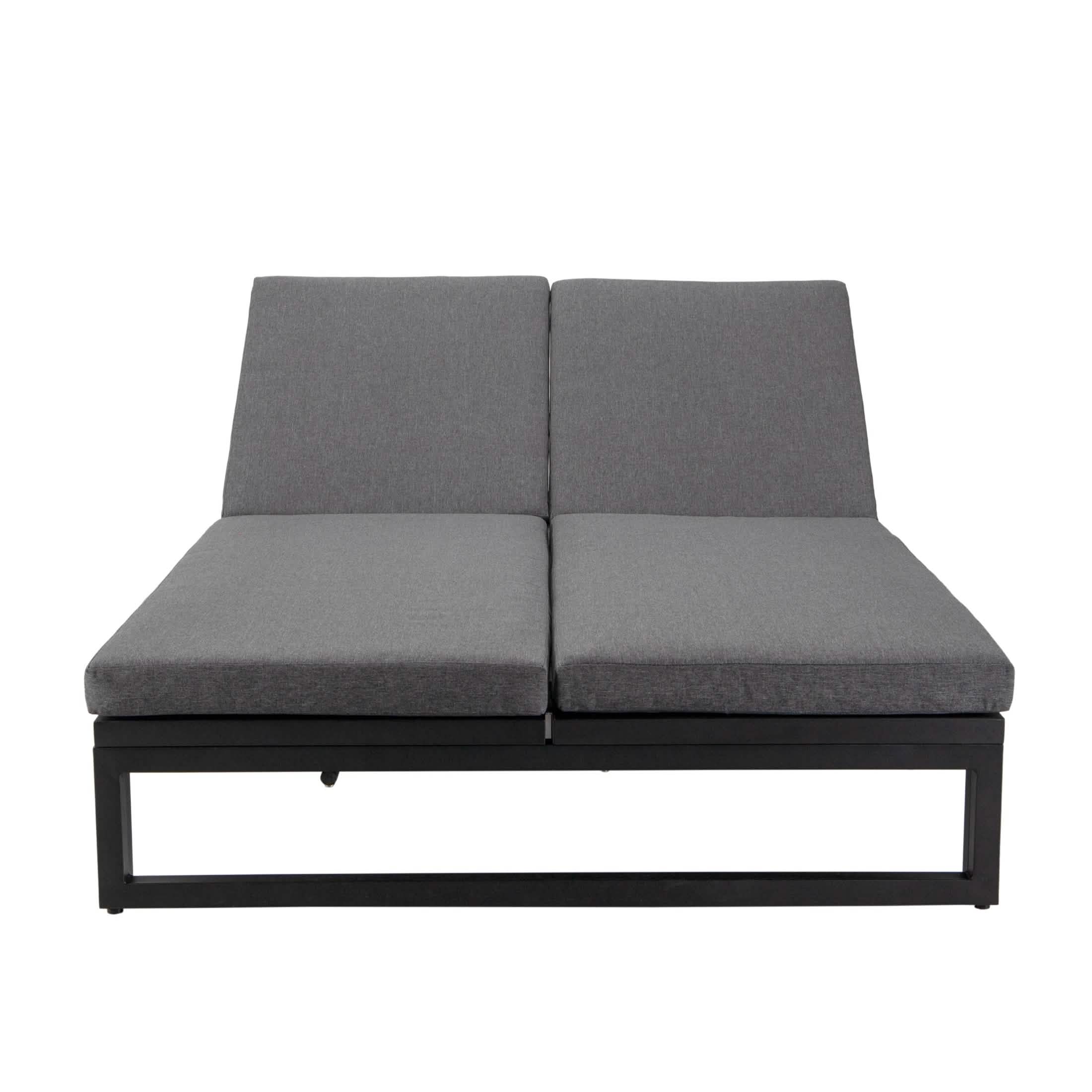 Chelsea Aluminum Outdoor 2 in 1 Convertible Sofa and Double Chaise Lounge Chair with Removable Cushions Black Black Lounge Chair Leisuremod