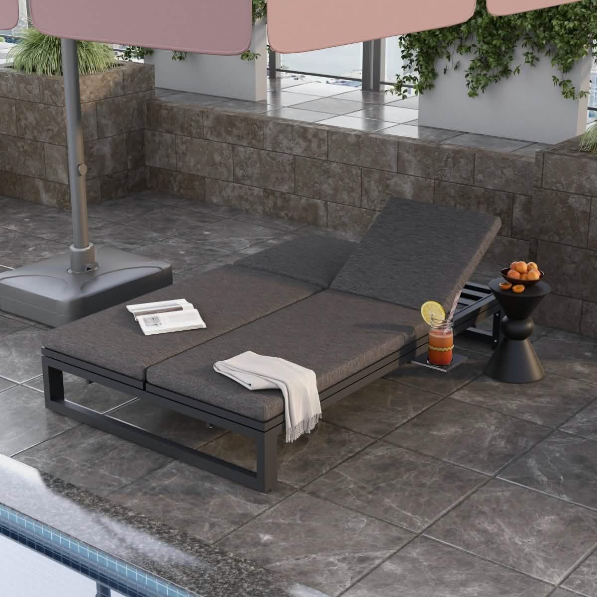 Chelsea Aluminum Outdoor 2 in 1 Convertible Sofa and Double Chaise Lounge Chair with Removable Cushions Black Black Lounge Chair Leisuremod