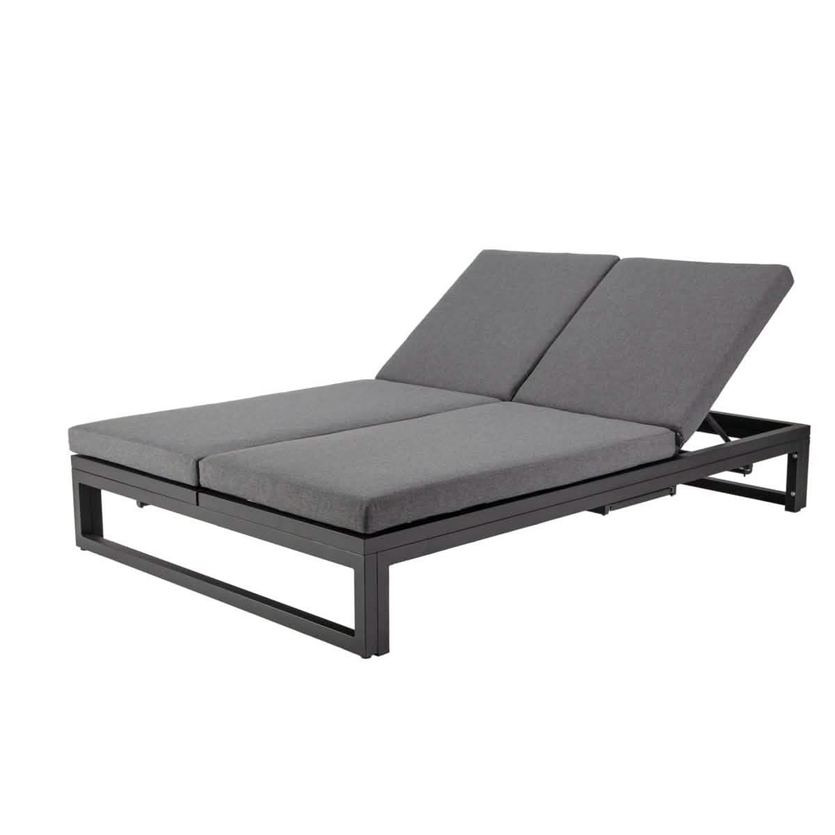 Chelsea Aluminum Outdoor 2 in 1 Convertible Sofa and Double Chaise Lounge Chair with Removable Cushions Black Black Lounge Chair Leisuremod
