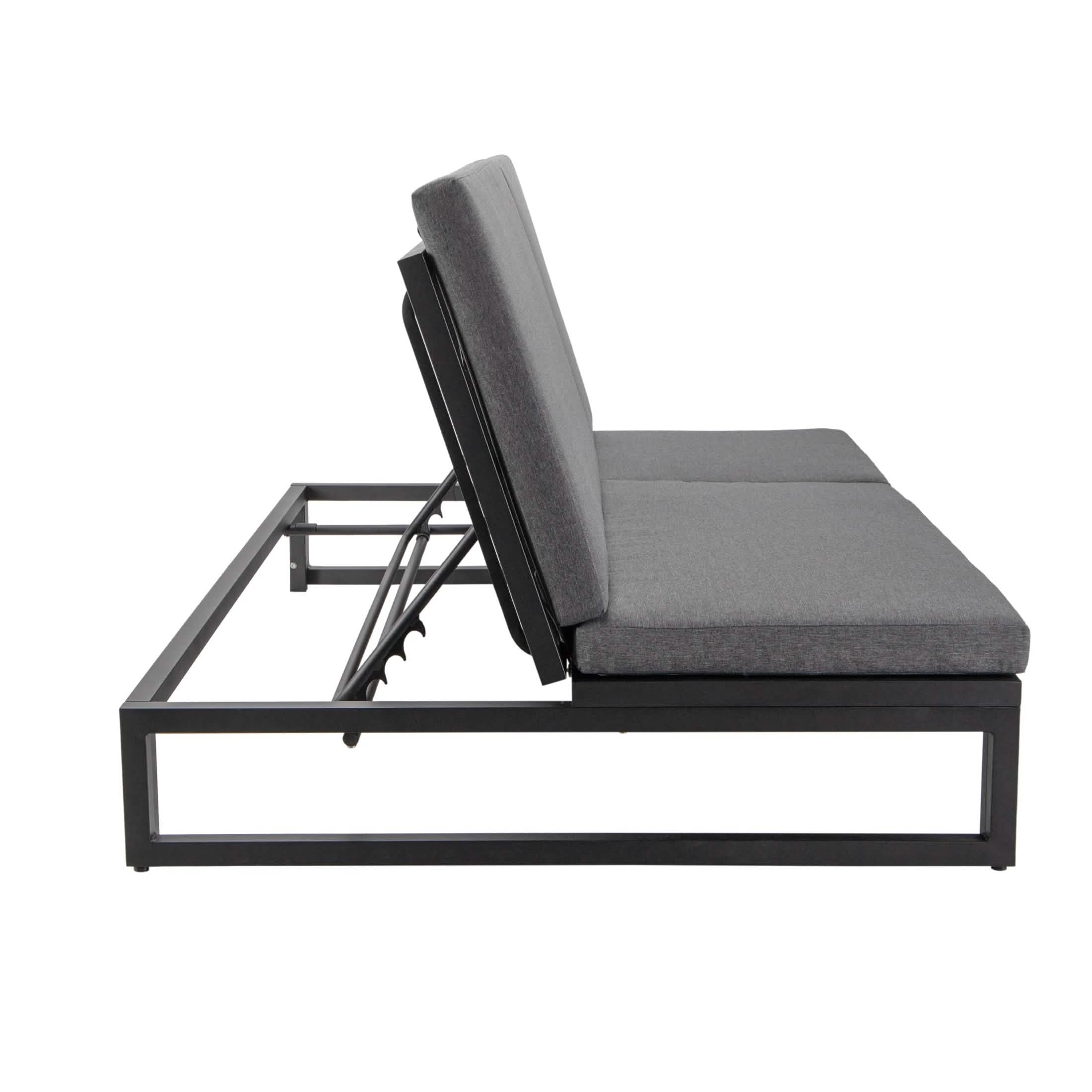 Chelsea Aluminum Outdoor 2 in 1 Convertible Sofa and Double Chaise Lounge Chair with Removable Cushions Black Beige Lounge Chair Leisuremod