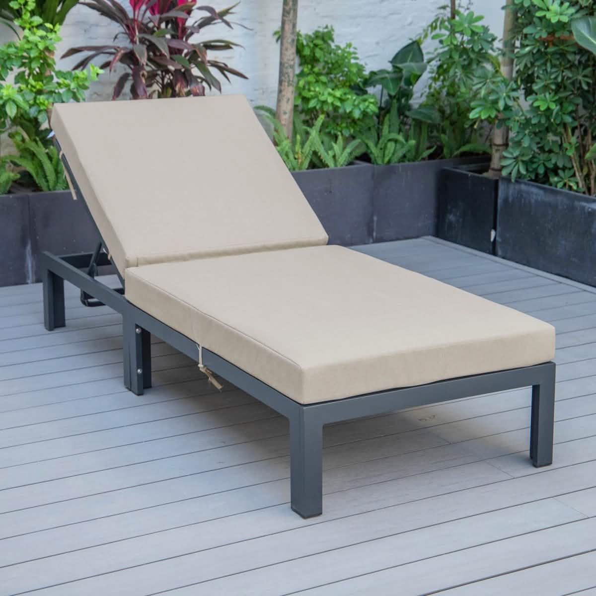 Chelsea Aluminum Outdoor Chaise Lounge Chair with Removable Cushions Black Beige Lounge Chair Leisuremod