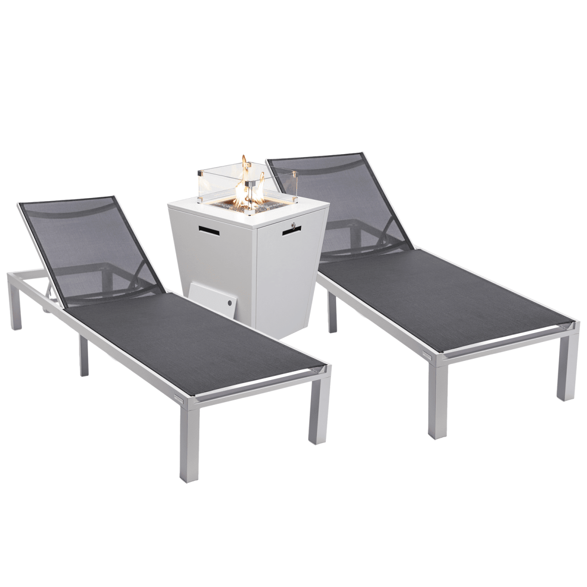 Marlin Modern White Aluminum Outdoor Chaise Lounge Chair With Square Fire Pit Side Table Set of 2 Burgundy Leisuremod