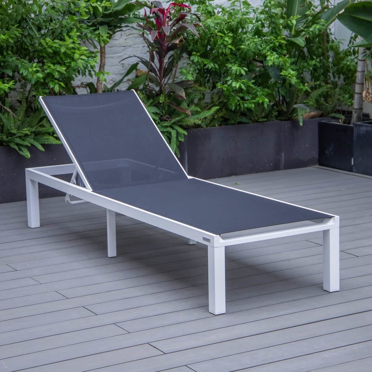 Marlin Modern White Aluminum Outdoor Chaise Lounge Chair With Square Fire Pit Side Table Set of 2 Burgundy Leisuremod
