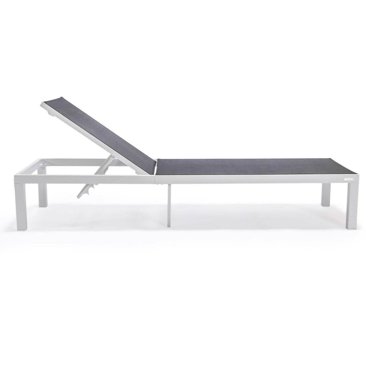 Marlin Modern White Aluminum Outdoor Chaise Lounge Chair With Square Fire Pit Side Table Set of 2 Black Leisuremod