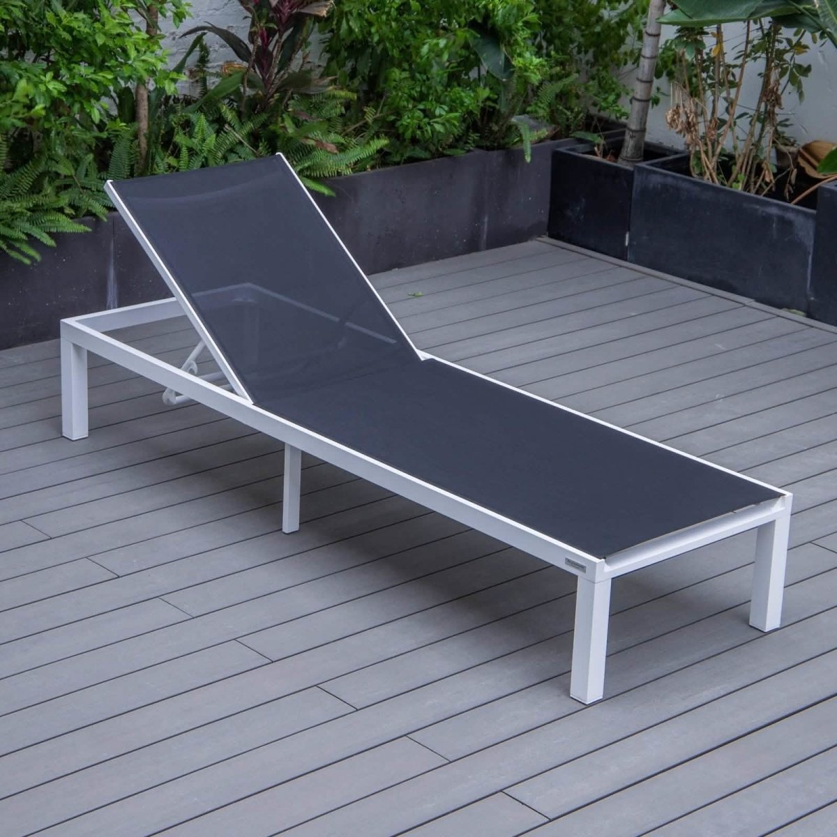Marlin Modern White Aluminum Outdoor Chaise Lounge Chair With Square Fire Pit Side Table Set of 2 Black Leisuremod