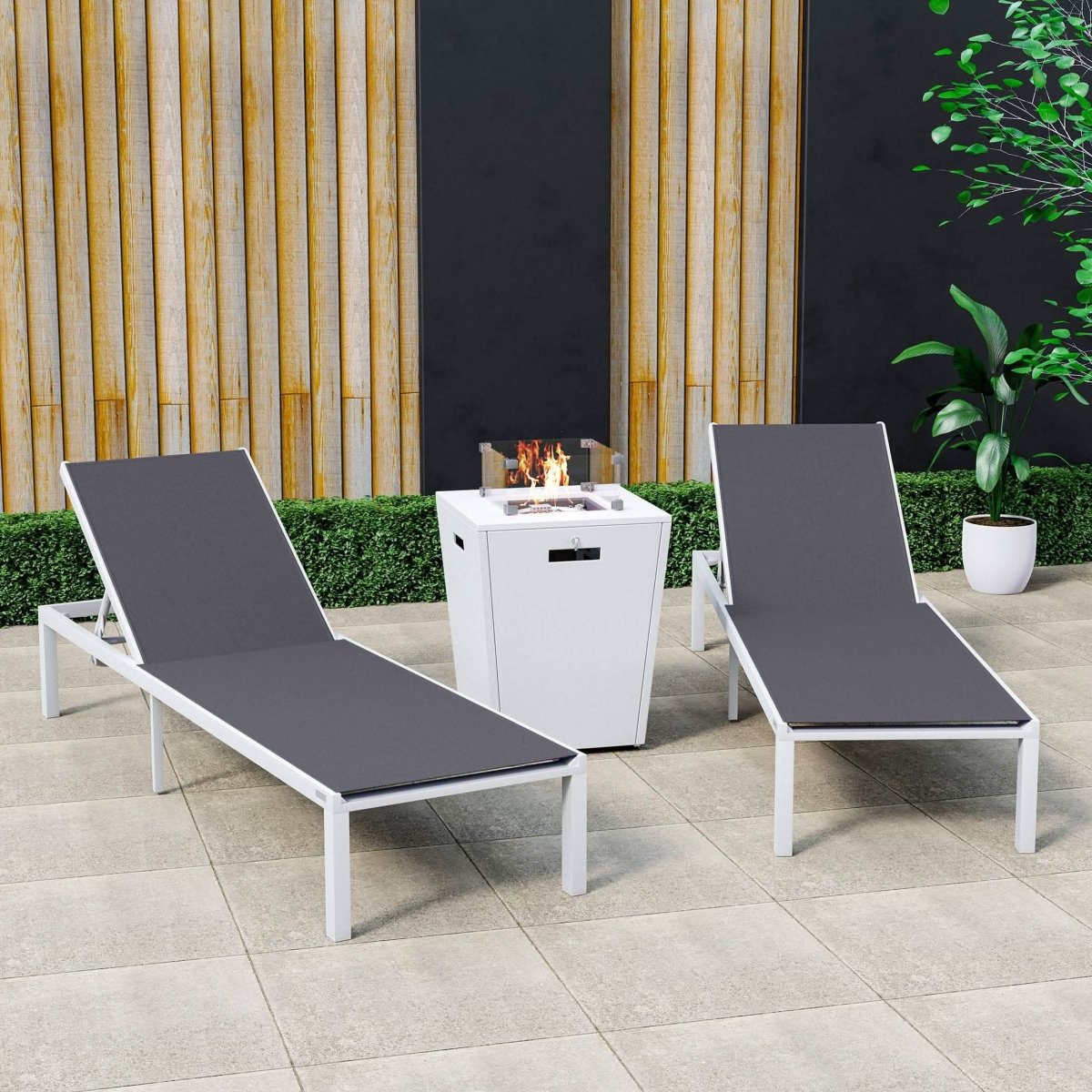 Marlin Modern White Aluminum Outdoor Chaise Lounge Chair With Square Fire Pit Side Table Set of 2 Black Leisuremod