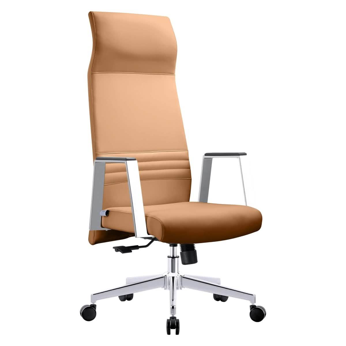 Aleen High-Back Office Chair in Upholstered Leather and Iron Frame with Swivel and Tilt Acorn Brown Office Chair Leisuremod