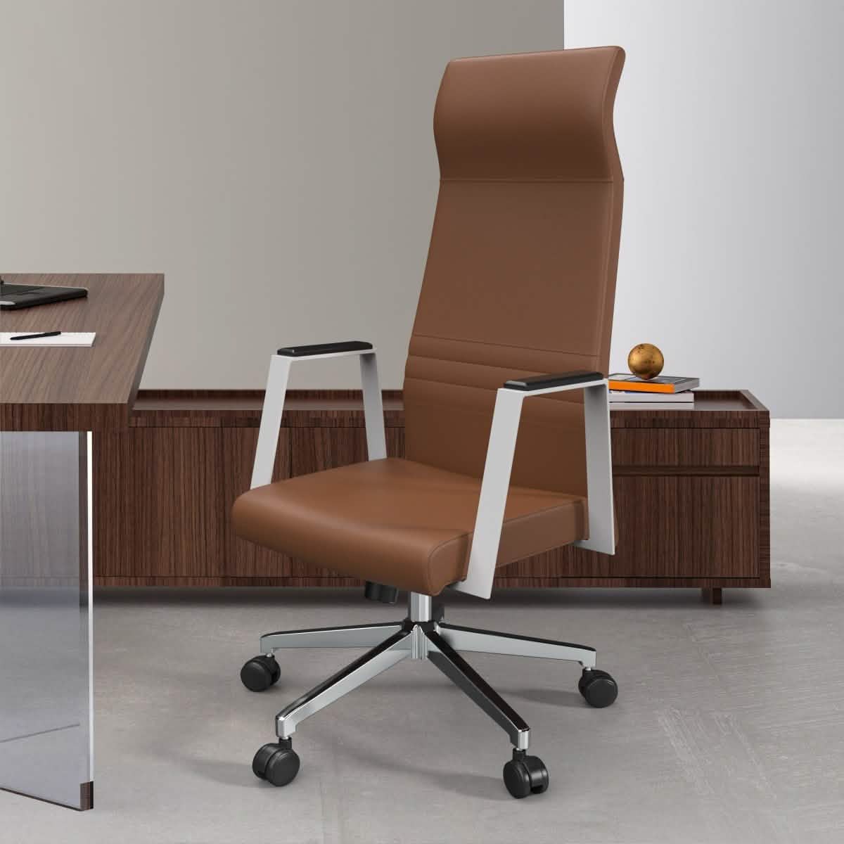 Aleen High-Back Office Chair in Upholstered Leather and Iron Frame with Swivel and Tilt Dark Brown Office Chair Leisuremod