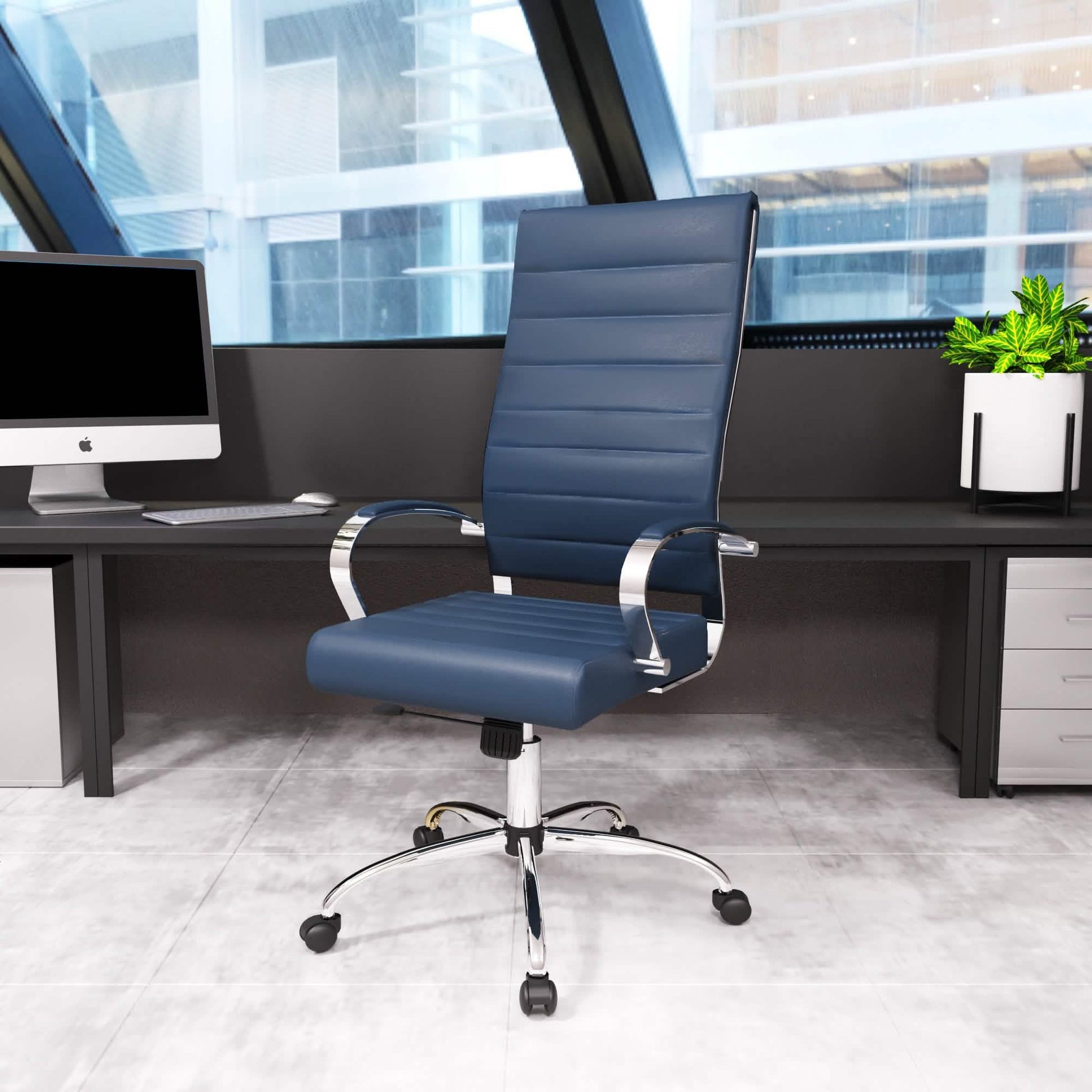 Benmar High-Back Leather Adjustable Office Conference Chair Chrome Navy Blue Office Chair Leisuremod