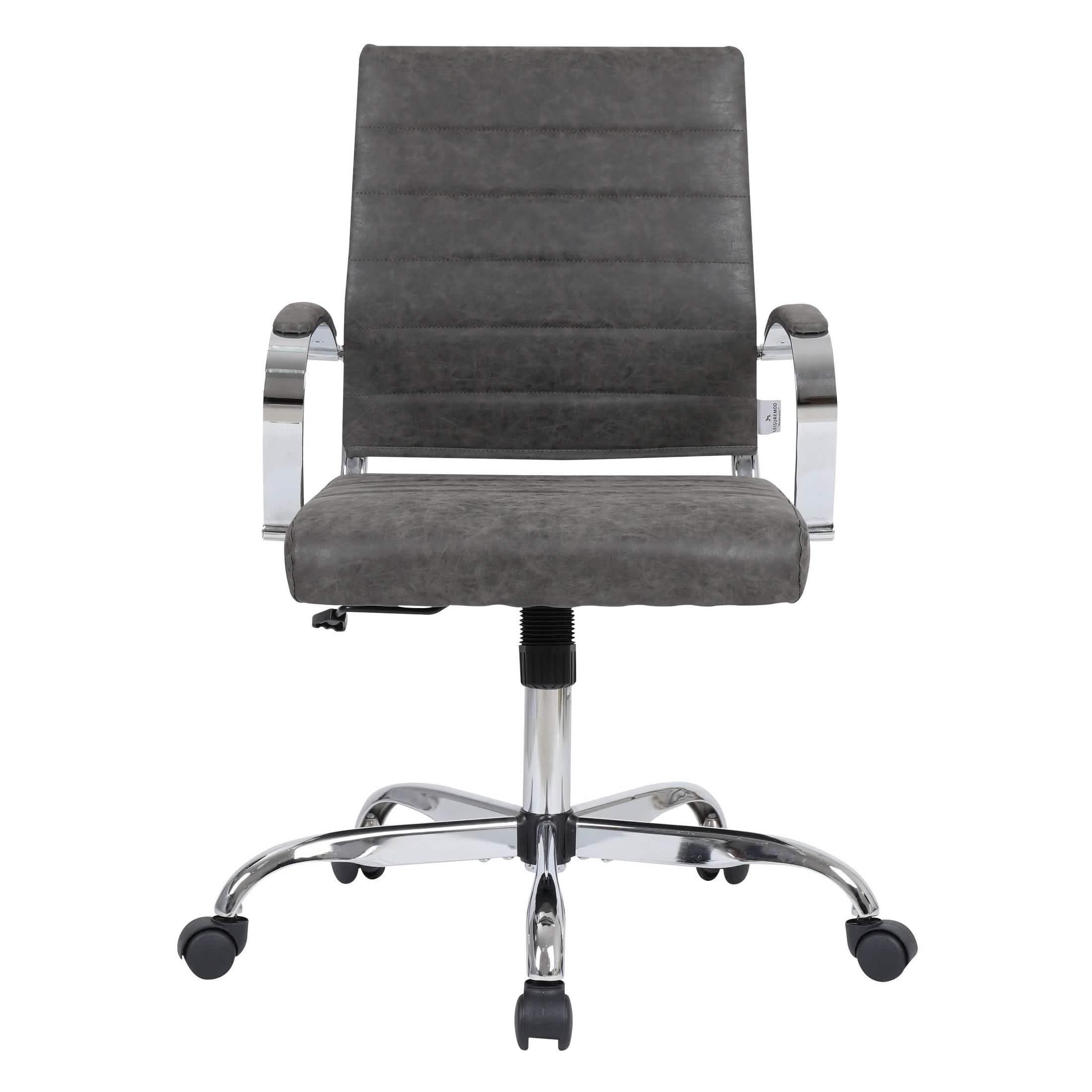 Benmar Mid-Back Leather Office Conference Chair Adjustable Height, Swivel, and Tilt Chrome Charcoal Office Chair Leisuremod
