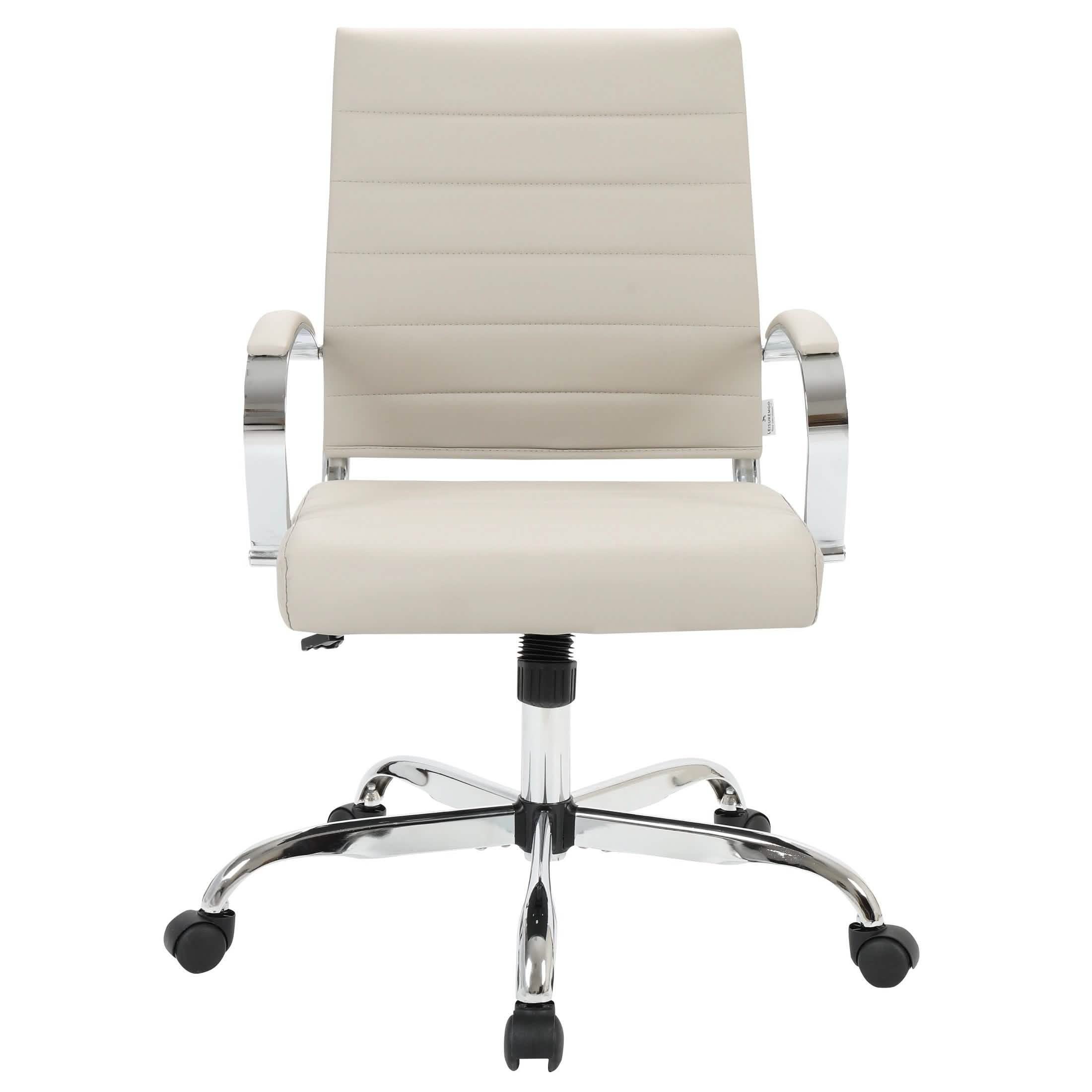 Benmar Mid-Back Leather Office Conference Chair Adjustable Height, Swivel, and Tilt Chrome Tan Office Chair Leisuremod