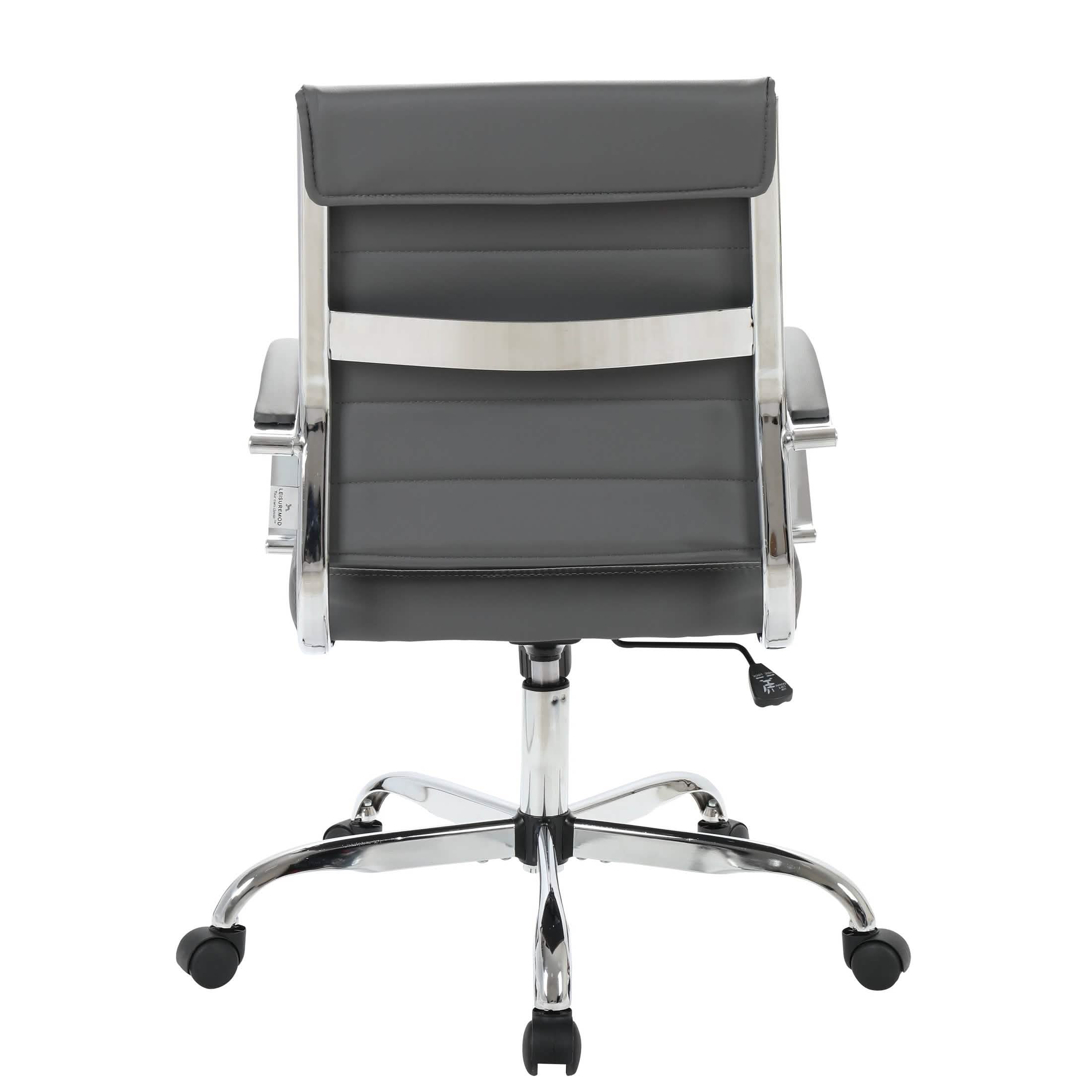 Benmar Mid-Back Leather Office Conference Chair Adjustable Height, Swivel, and Tilt Chrome Grey Office Chair Leisuremod