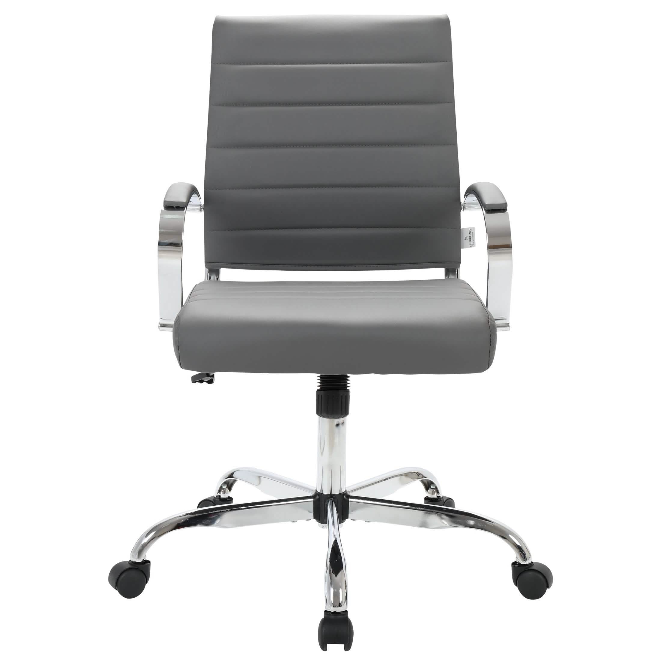 Benmar Mid-Back Leather Office Conference Chair Adjustable Height, Swivel, and Tilt Chrome Grey Office Chair Leisuremod