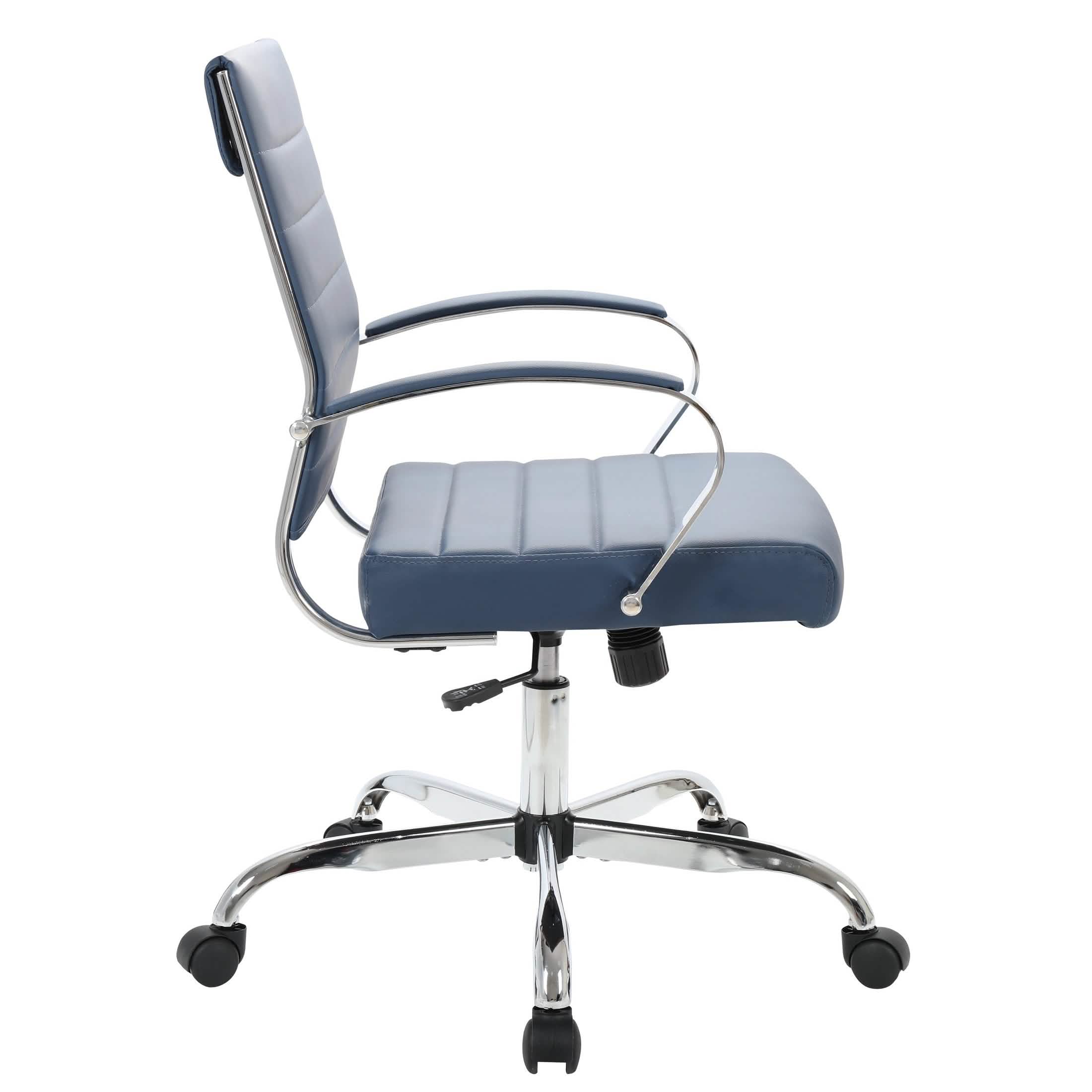 Benmar Mid-Back Leather Office Conference Chair Adjustable Height, Swivel, and Tilt Chrome Navy Blue Office Chair Leisuremod