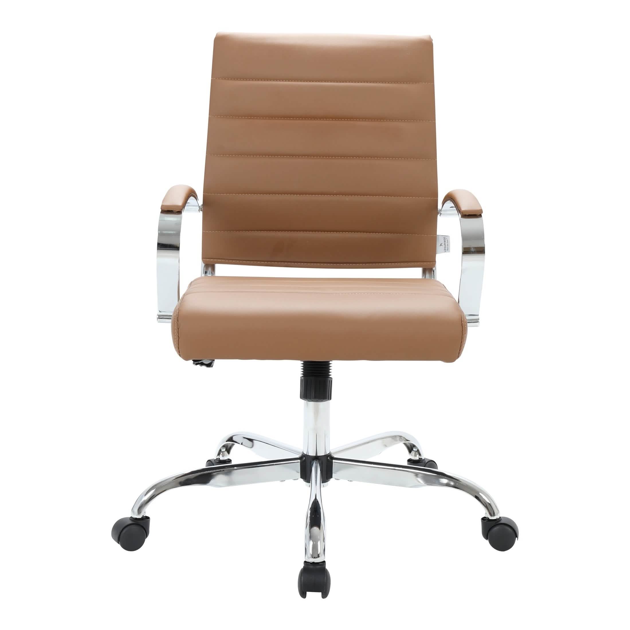 Benmar Mid-Back Leather Office Conference Chair Adjustable Height, Swivel, and Tilt Chrome Brown Office Chair Leisuremod