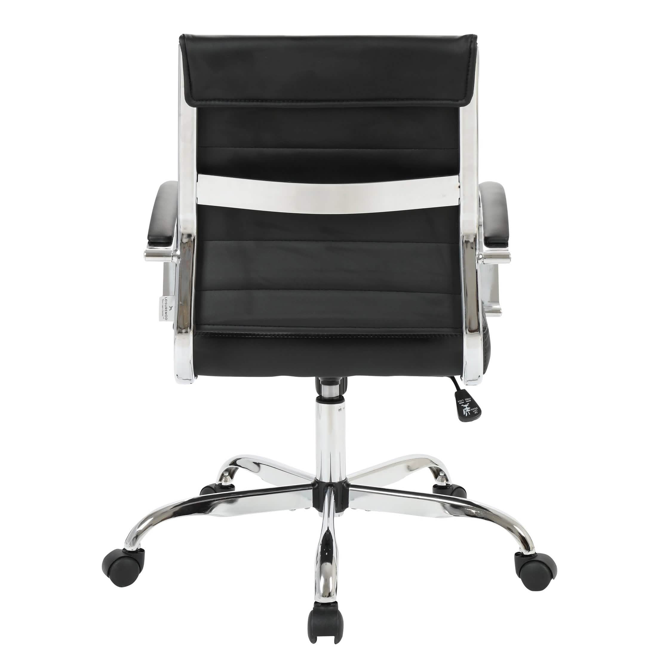 Benmar Mid-Back Leather Office Conference Chair Adjustable Height, Swivel, and Tilt Chrome Black Office Chair Leisuremod