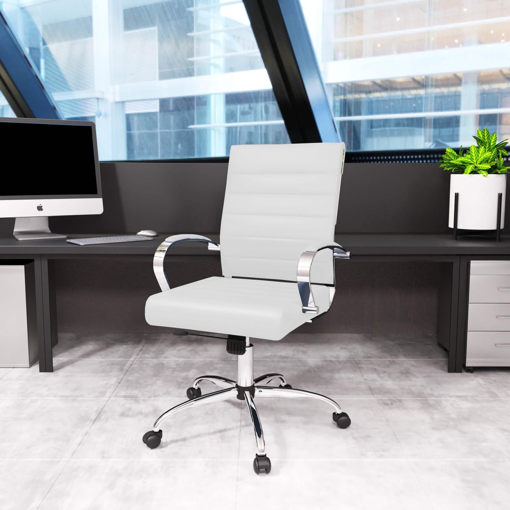 Benmar Mid-Back Leather Office Conference Chair Adjustable Height, Swivel, and Tilt Chrome White Office Chair Leisuremod