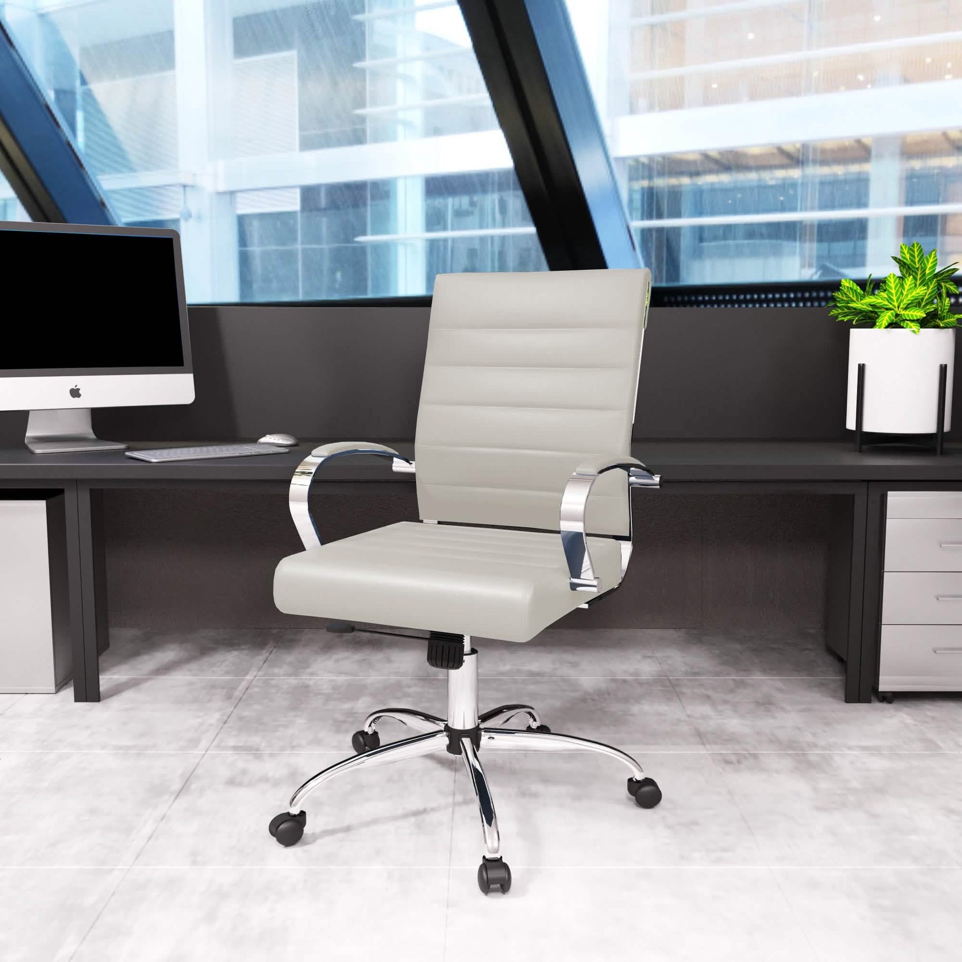 Benmar Mid-Back Leather Office Conference Chair Adjustable Height, Swivel, and Tilt Chrome Tan Office Chair Leisuremod