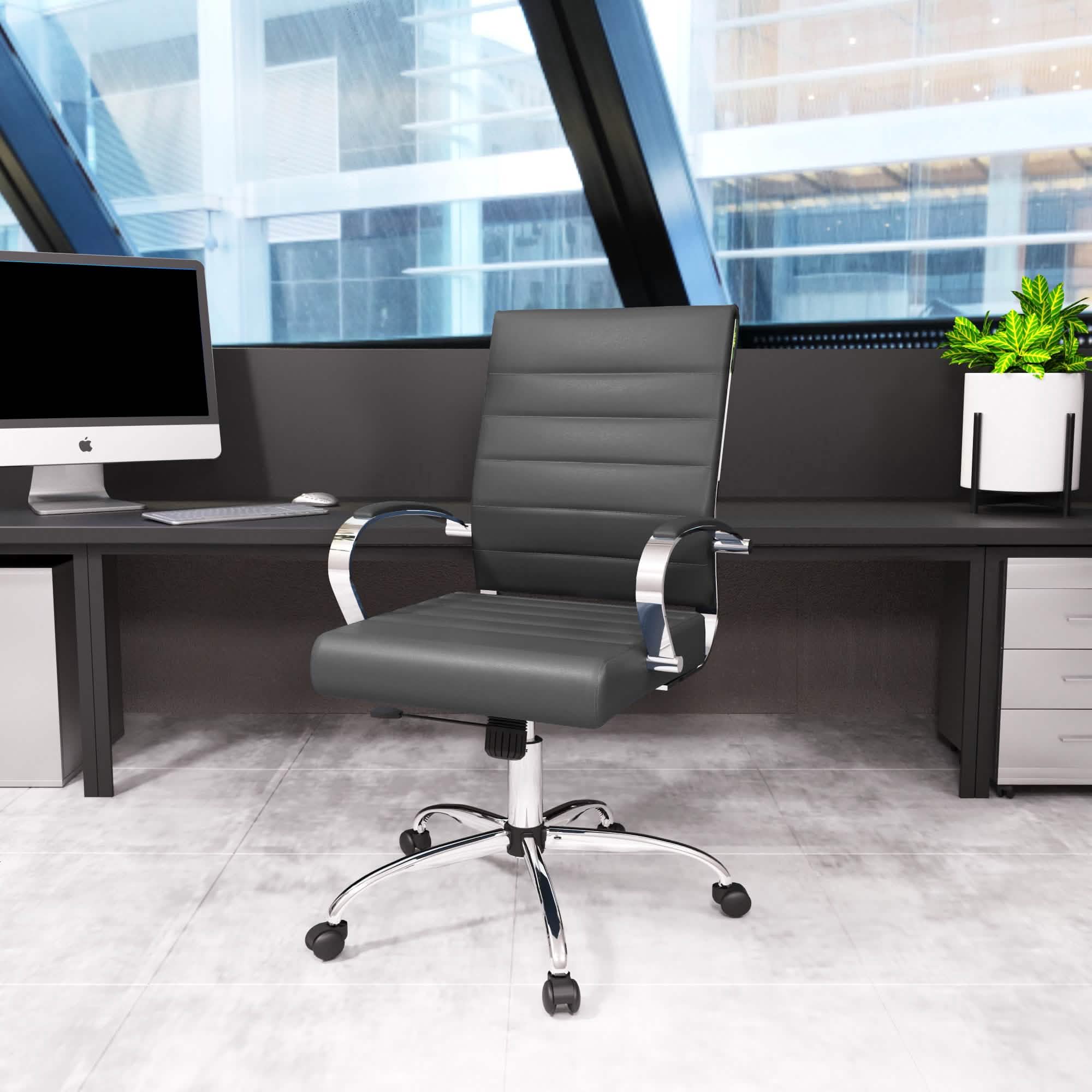 Benmar Mid-Back Leather Office Conference Chair Adjustable Height, Swivel, and Tilt Chrome Grey Office Chair Leisuremod