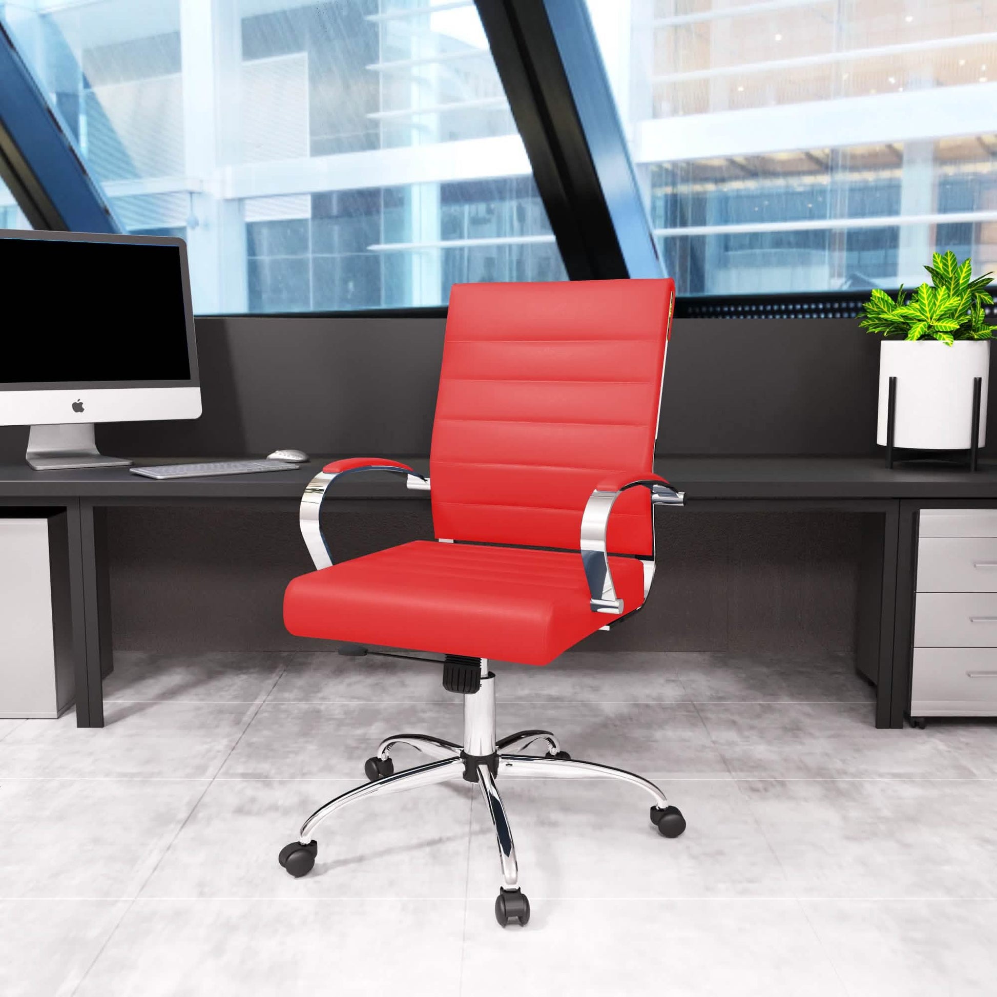 Benmar Mid-Back Leather Office Conference Chair Adjustable Height, Swivel, and Tilt Chrome Grey Office Chair Leisuremod