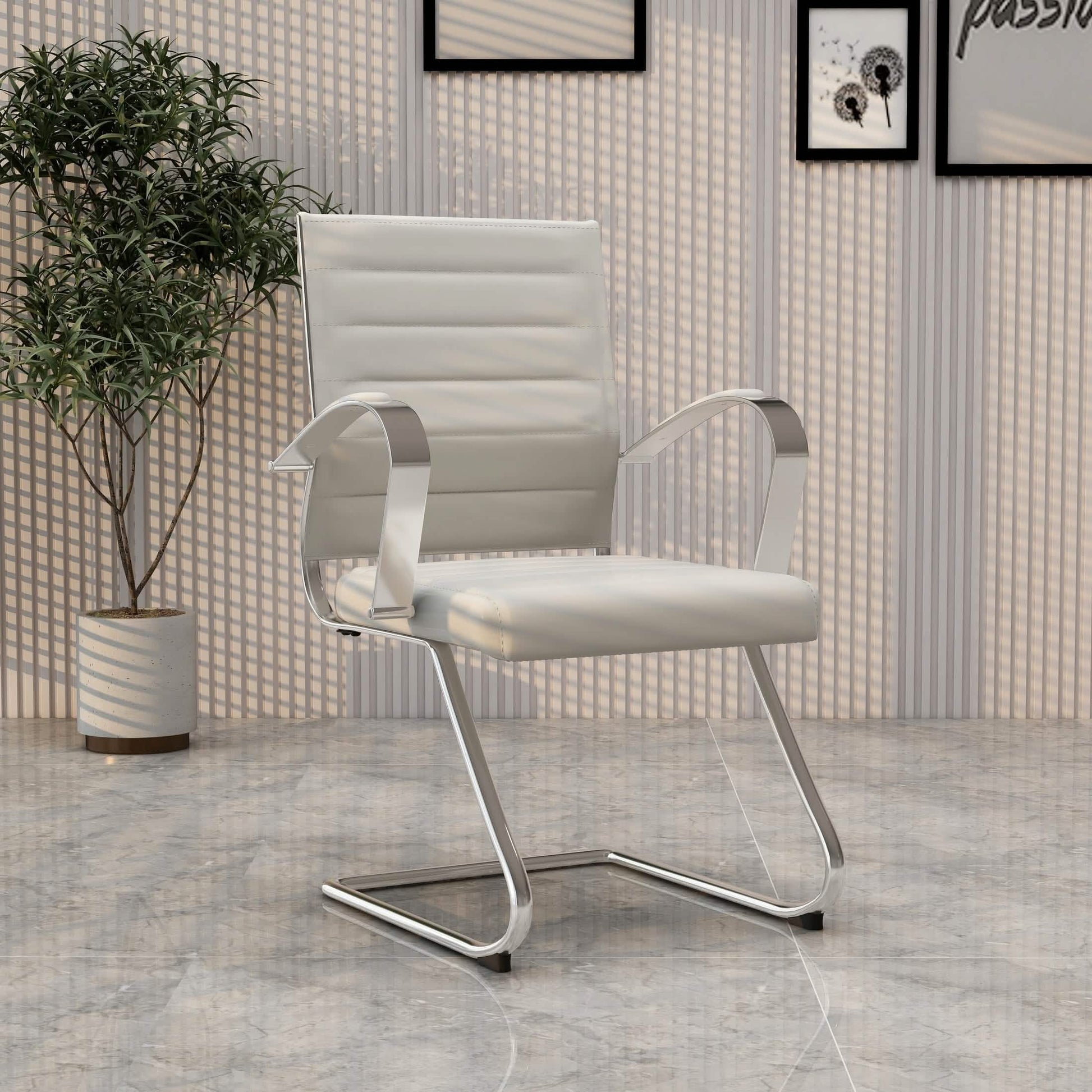 Benmar Mid-Back Office Conference Chair Upholstered in Leather with Stainless Steel Sled Base Tan Office Chair Leisuremod